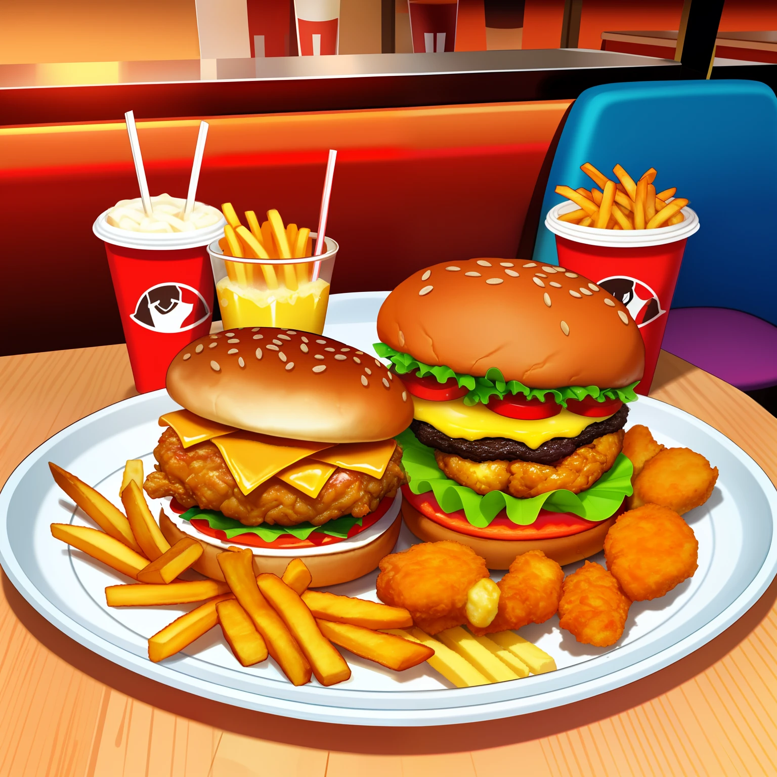 An appetizing and mouthwatering depiction of KFC's children meal, featuring a juicy hamburger, crispy golden french fries, succulent fried chicken, and a refreshing glass of cola served on a tray with cheerful cartoon designs.(KFC)