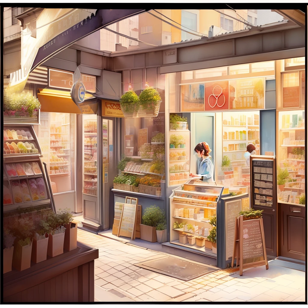 stock illustration style,watercolor children`s illustration,full details,realism,high detail,hyper quality,front view,architectural visualisation,soft illuminaotion,city,sop,street scenery,shop,illustrration,no human