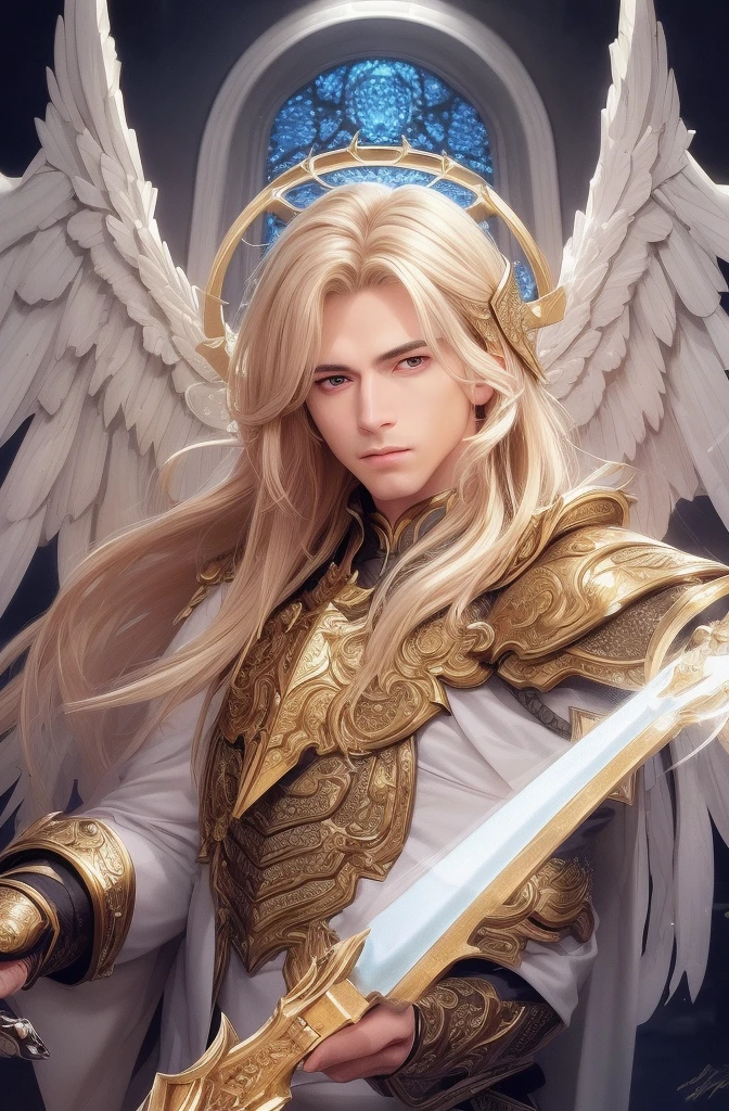 best quality, masterpiece, upper body,
bright highlights, (extremely detailed CG unity 8k wallpaper), handsome young man, angelic wings, halo,  
(male, man), long hair, serious, dramatic pose, shiny armor, knight, cinematic lighting, photorealistic, holding flaming sword, sharp-focus, Dynamic composition, 80s fantasy art, (photorealistic:1.4), (masterpiece, finely detailed beautiful eyes: 1.2), masterpiece*portrait, realistic, 3d face, glowing eyes, blonde hair,
1920s plunging neckline dress
  