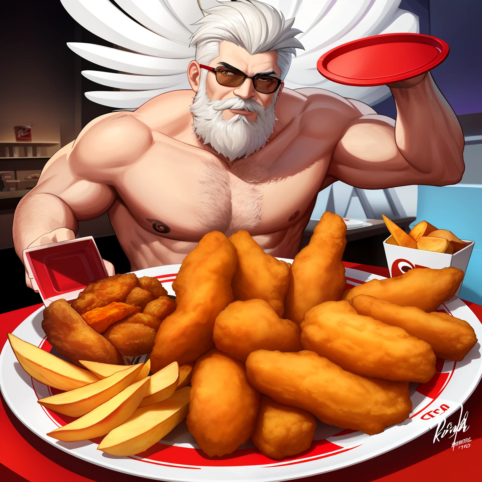 Create an artwork of a muscular KFC Colonel in a seductive pose, bare-chested and holding a tray of KFC fried chicken, potato wedges, and a cola. The food tray should be placed in the center of the frame while the character resembles the iconic figure from Kentucky Fried Chicken's logo,Colonel Harland Sanders