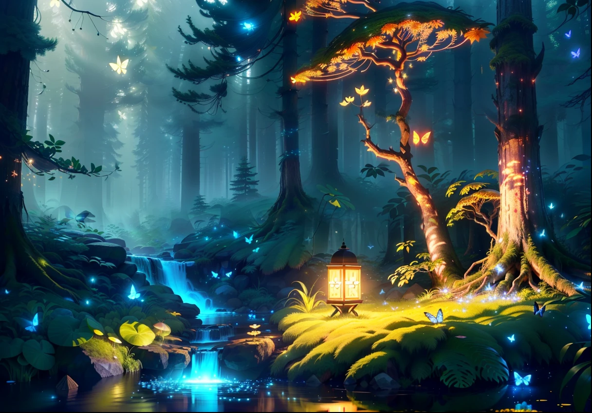 Masterpiece, best quality, (very detailed CG unity 8k wallpapers), (best quality), (best illustrations), (best shadows), forest theme with natural elements. Tall trees, quiet streams, glowing little mushrooms, surrounded by delicate leaves and branches, with fireflies and glowing particle effects,, (natural elements), (jungle theme), (leaves), (branches), ( fireflies), butterflies, (delicate leaves), (glow), (particle effects). , isometric 3D, Octane rendering, ray tracing, super detailed
