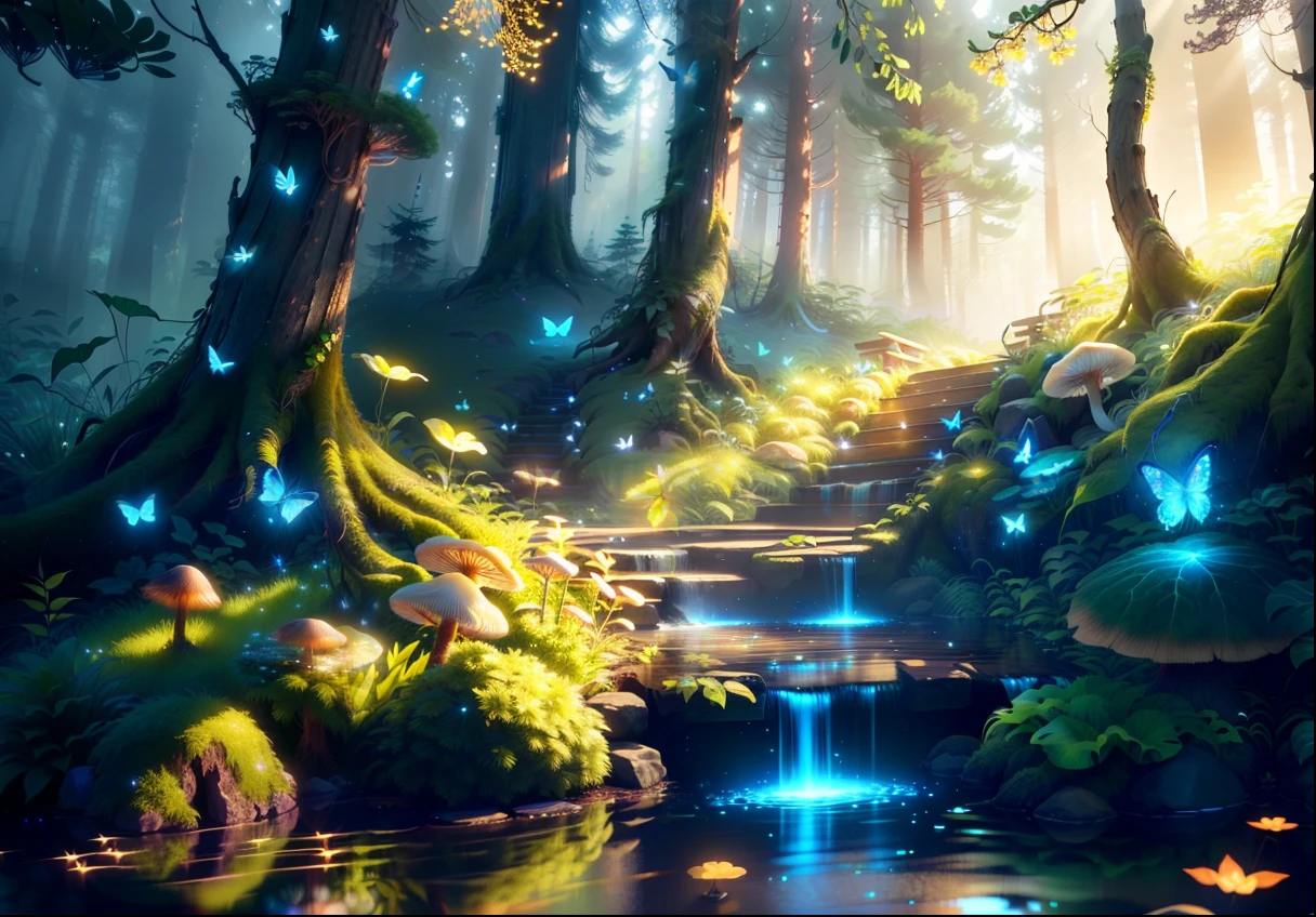 Masterpiece, best quality, (very detailed CG unity 8k wallpapers), (best quality), (best illustrations), (best shadows), forest theme with natural elements. Tall trees, quiet streams, glowing little mushrooms, surrounded by delicate leaves and branches, with fireflies and glowing particle effects,, (natural elements), (jungle theme), (leaves), (branches), ( fireflies), butterflies, (delicate leaves), (glow), (particle effects). , isometric 3D, Octane rendering, ray tracing, super detailed