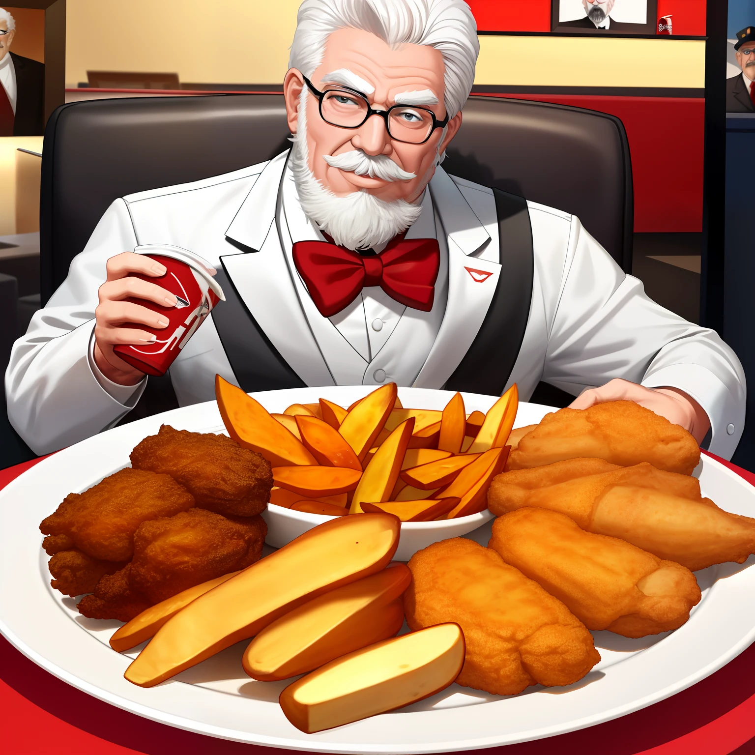 Create an artwork of a muscular KFC Colonel in a seductive pose, bare-chested and holding a tray of KFC fried chicken, potato wedges, and a cola. The food tray should be placed in the center of the frame while the character resembles the iconic figure from Kentucky Fried Chicken's logo,Colonel Harland Sanders.The picture should have the logo of the well-known chain restaurant KFC