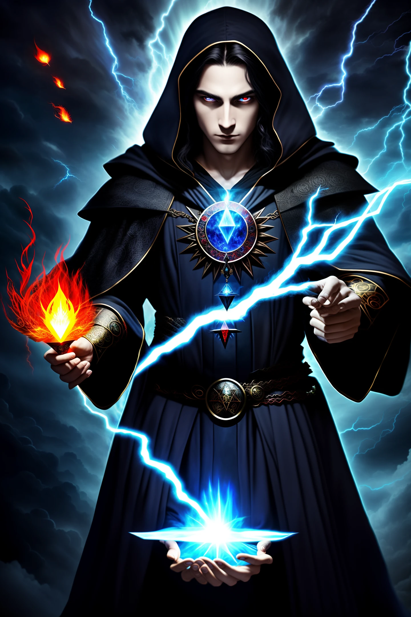 single male, wizard, holding a red crystal, mage, casting a powerful spell, black eyes, fire, lightning, black hair, blue intricate robe, ominous atmosphere, karma rendering, masterpiece, fantasy art