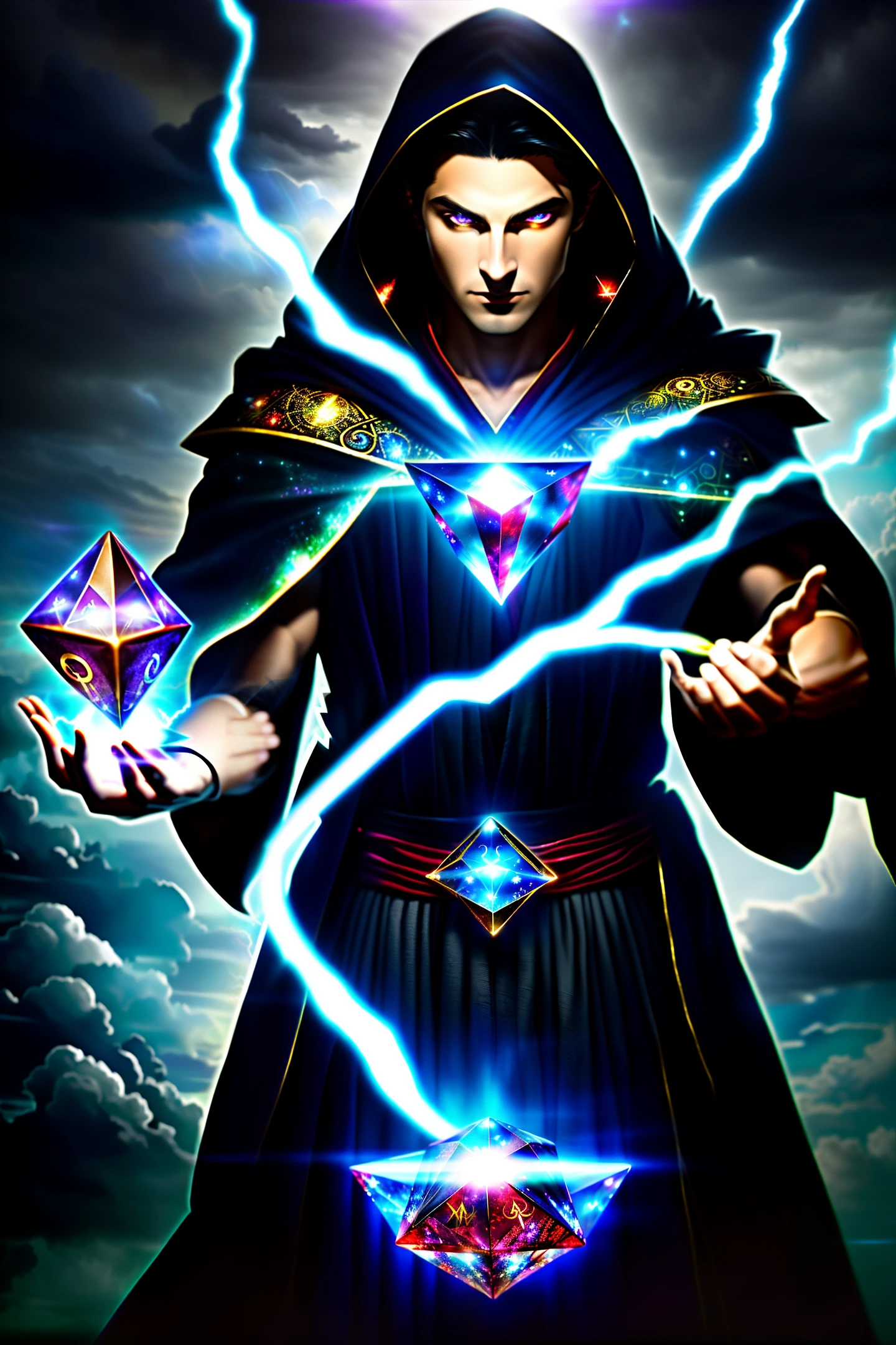 single male, shiny skin, , waist up eyes peering directly into camera, captivating, vibrant, piercing, attention grabbing, superhero masculine male wizard, detailed, 8k, wizard, holding a ((large red shiny crystal octahedron)), mage, casting a powerful spell, black eyes, fire, lightning, (black) hair, blue intricate robe, ominous atmosphere, karma rendering, masterpiece, fantasy art, fantasy wizard, leaves fly around her, glowing magical circle, powerful runes, stormy ((backlighting)), ((bloom)), [light sparkles], ((chromatic aberration)), dark clouds, castle behind