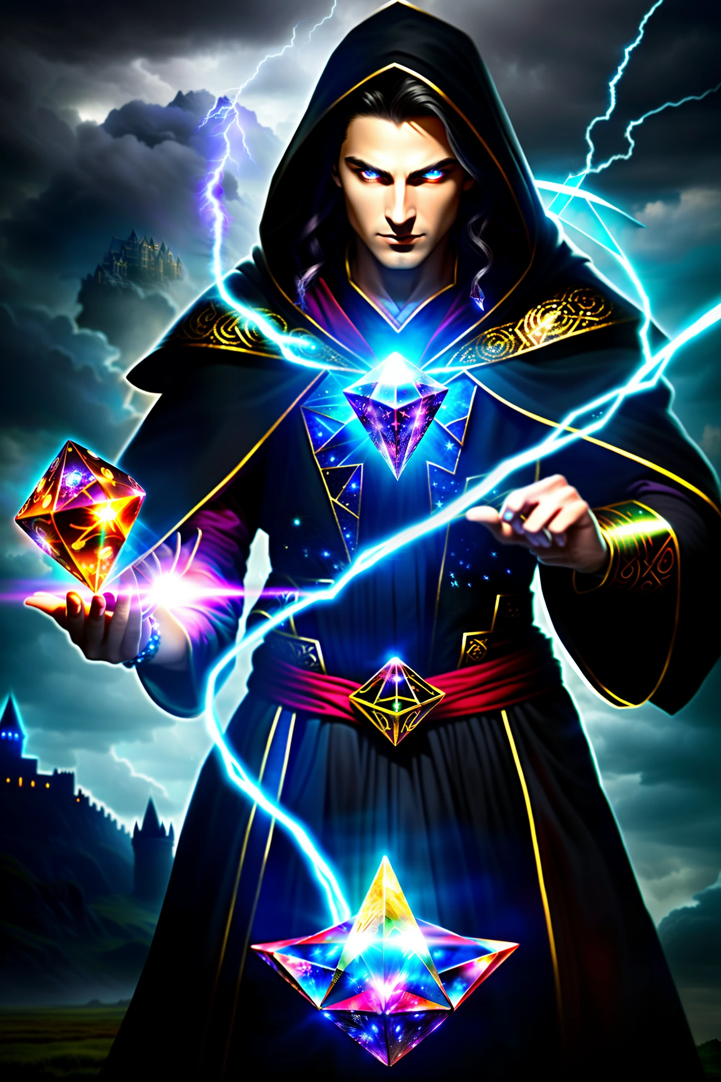 single male, shiny skin, , waist up eyes peering directly into camera, captivating, vibrant, piercing, attention grabbing, superhero masculine male wizard, detailed, 8k, wizard, holding a ((large red shiny crystal octahedron)), mage, casting a powerful spell, black eyes, fire, lightning, (black) hair, blue intricate robe, ominous atmosphere, karma rendering, masterpiece, fantasy art, fantasy wizard, leaves fly around her, glowing magical circle, powerful runes, stormy ((backlighting)), ((bloom)), [light sparkles], ((chromatic aberration)), dark clouds, castle behind
