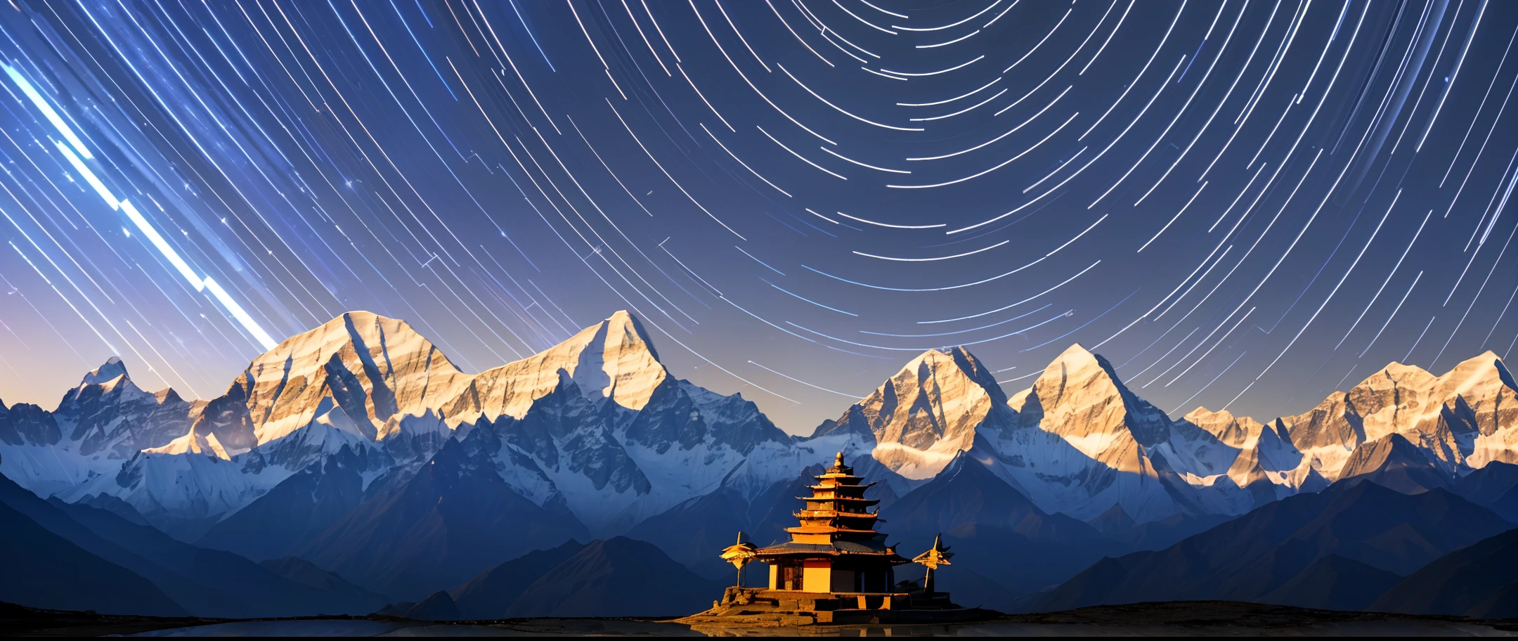 masterpiece, best quality, very detail shadow, high quality, extremely detailed, landscape with texture,award winning photography, HDR, Chromatic Aberration, Super clear, Realistic style, Photorealistic, cinematograph, 8k, Wallpaper, (extremely realistic), Intricate, High Detail, China National Geographic, True illumination, ((700MM telephoto vista extreme long shot lens)), (Delayed photography:1.5), (Star trail:1.4), (no cloud in the sky), (Himalayas mountain:1.3)