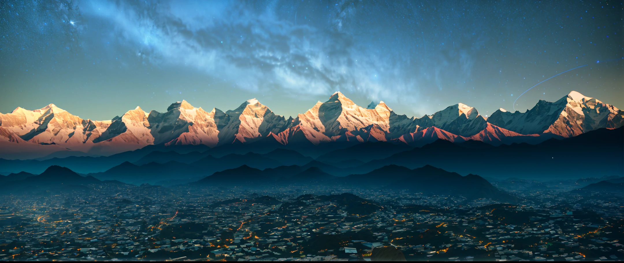 masterpiece, best quality, very detail shadow, extremely detailed, landscape with texture, best texture, award winning photography, HDR, Chromatic Aberration, Realistic style, Photorealistic, cinematograph, 8k, Wallpaper, (extremely realistic), Intricate, China National Geographic, True illumination, ((700MM telephoto vista extreme long shot lens)), (Delayed photography:1.5), (Star trail:1.4), (no cloud in the sky), (Himalayas mountain:1.3)