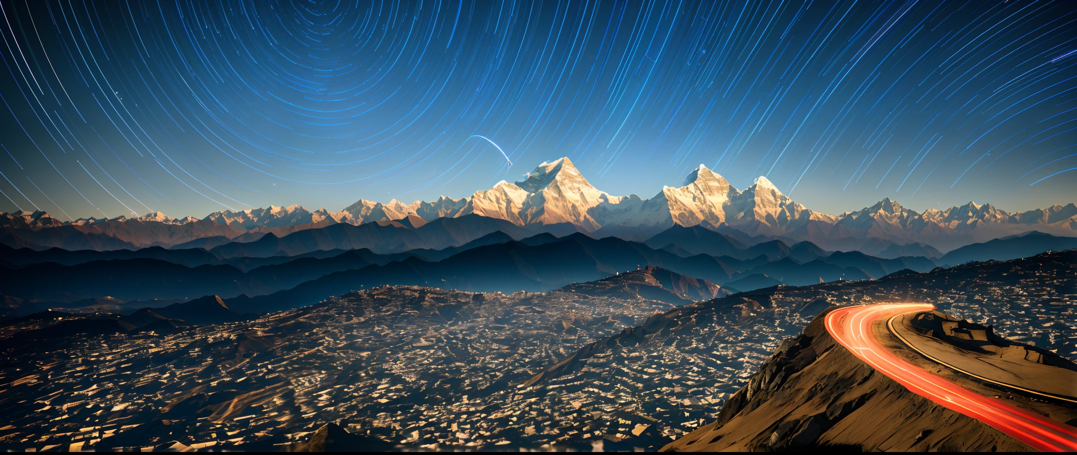 masterpiece, best quality, very detail shadow, extremely detailed, landscape with texture, best texture, award winning photography, HDR, Chromatic Aberration, Realistic style, Photorealistic, cinematograph, 8k, Wallpaper, (extremely realistic), Intricate, China National Geographic, True illumination, ((700MM telephoto vista extreme long shot lens)), (Delayed photography:1.5), (Star trail:1.4), (no cloud in the sky), (Himalayas mountain:1.3)
