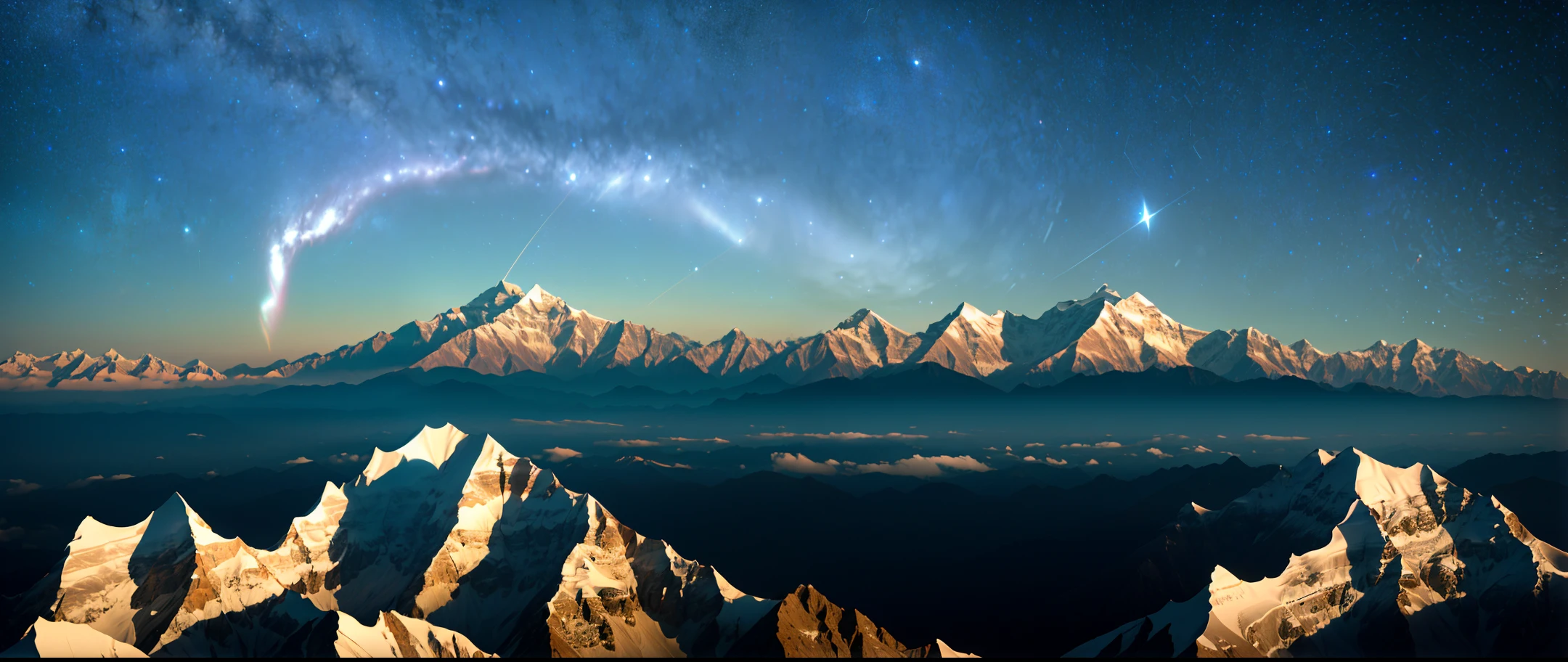 masterpiece, best quality, very detail shadow, extremely detailed, landscape with texture, best texture, award winning photography, HDR, Chromatic Aberration, Realistic style, Photorealistic, cinematograph, 8k, Wallpaper, (extremely realistic), Intricate, China National Geographic, True illumination, ((700MM telephoto vista extreme long shot lens)), (Delayed Star trailphotography:1.6), (no cloud in the sky), (Himalayas mountain:1.3)