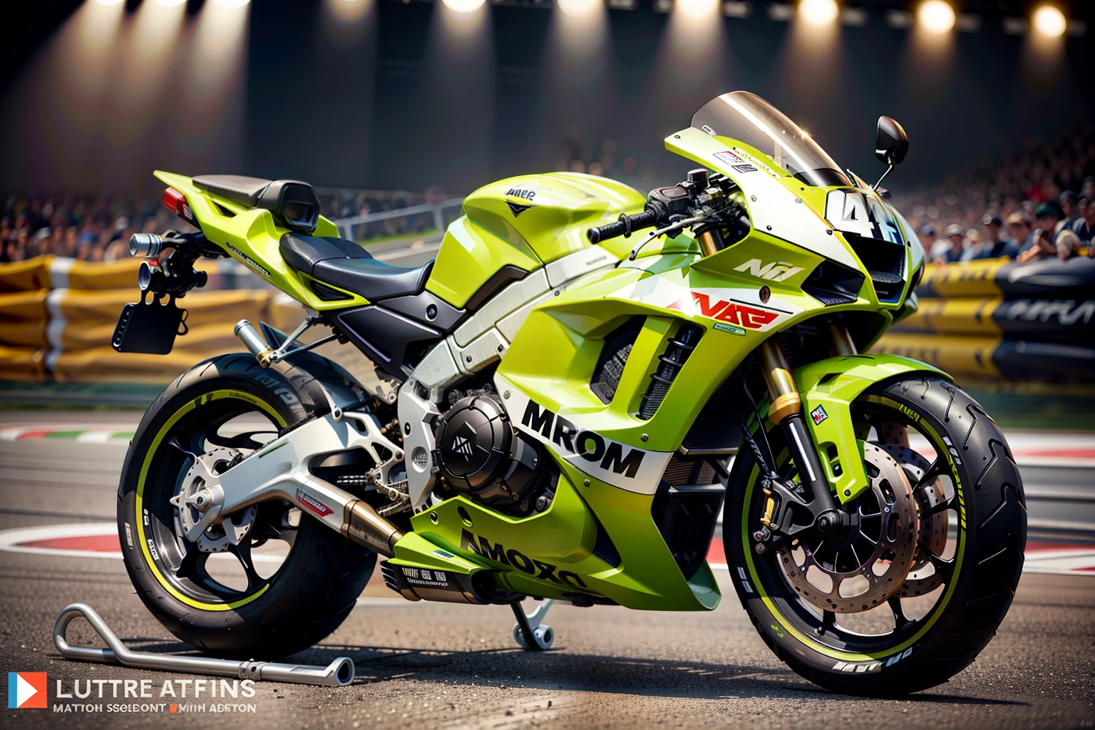 ((A moto GP)), (Huge Bike: 1.1), ("green and white motorcycle), (Big Wheel: 1.2), (Big Bike: 1.4), (Realistic: 1.5), Realistic, Octane Rendered, Super Realistic , Best Quality, Sharp Focus, (4k ), (Masterpiece), (Best Quality), Fantasy, Very Detailed, Intricate, Super Detailed, Illustrator, Soft Light, (Highlight: 1.4),