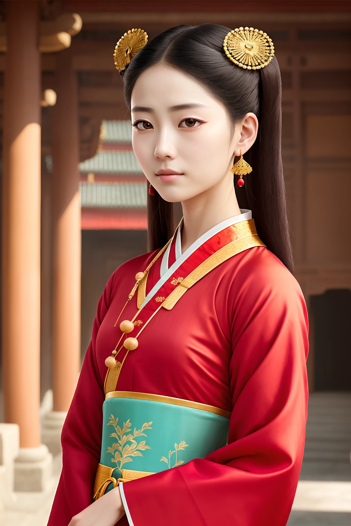 High-quality 4k resolution drawing of a girl in ancient Chinese clothing from the novel "Dream of the Red Chamber.Looking at the camera,The background is the courtyard architecture of the Ming Dynasty in China," Her appearance is described as having delicately curved brows like smoke, 😢,beautiful eyes full of affectionate gaze, and a languid expression portraying a hint of heartache. She exhibits a charming temperament and softness, with tears in her eyes and a faint breaths. Calm like a beautiful flower on water and graceful like a willow swaying in the wind. She possesses an even cleverer mind than Bi Gan and a disease as beautiful as Xi Shi.