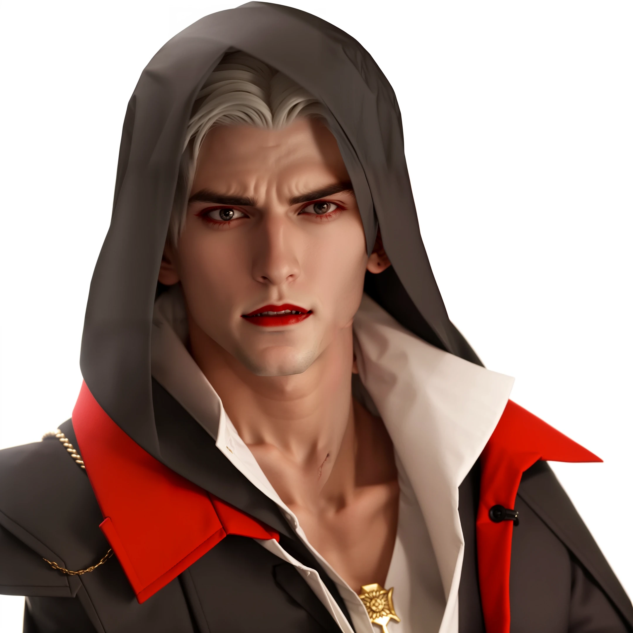 A bust of [short white hair], (handsome face)  ，28 years old，(vampire 1.5) , looking at camera, normal, red eyes, dramatic movie lighting, (Handsome guy 0.7),