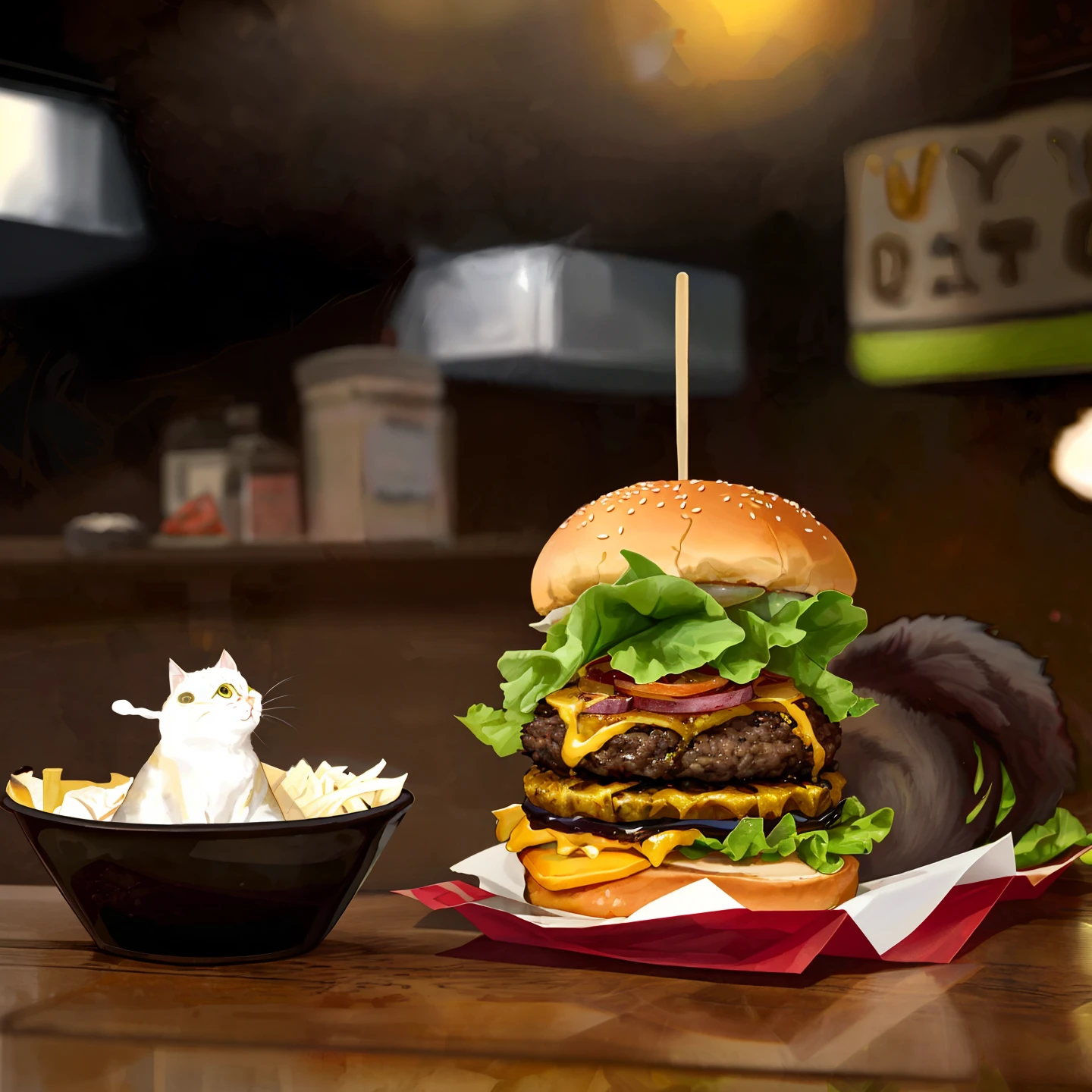 no humans, food, burger, cat, realistic, food focus, animal focus, cheese, lettuce, whiskers, animal, black background