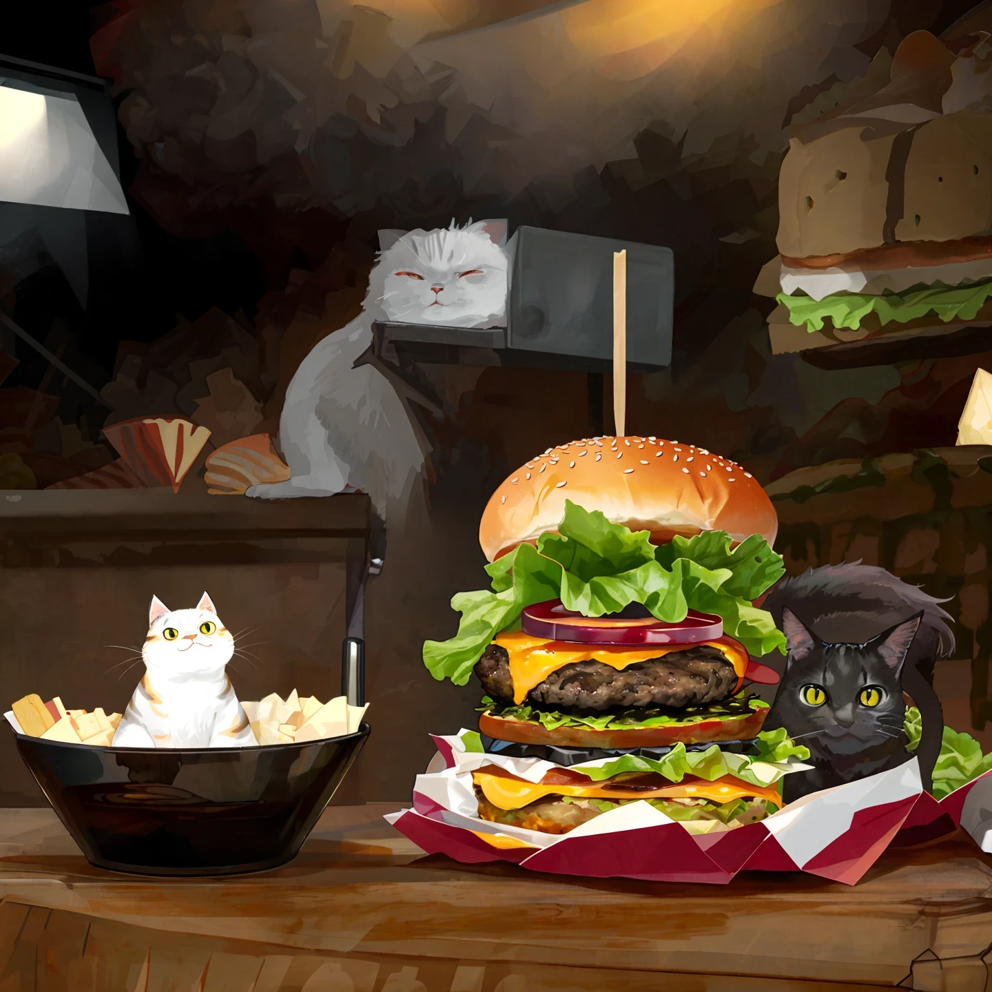 no humans, food, burger, cat, realistic, food focus, animal focus, cheese, lettuce, whiskers, animal, black background