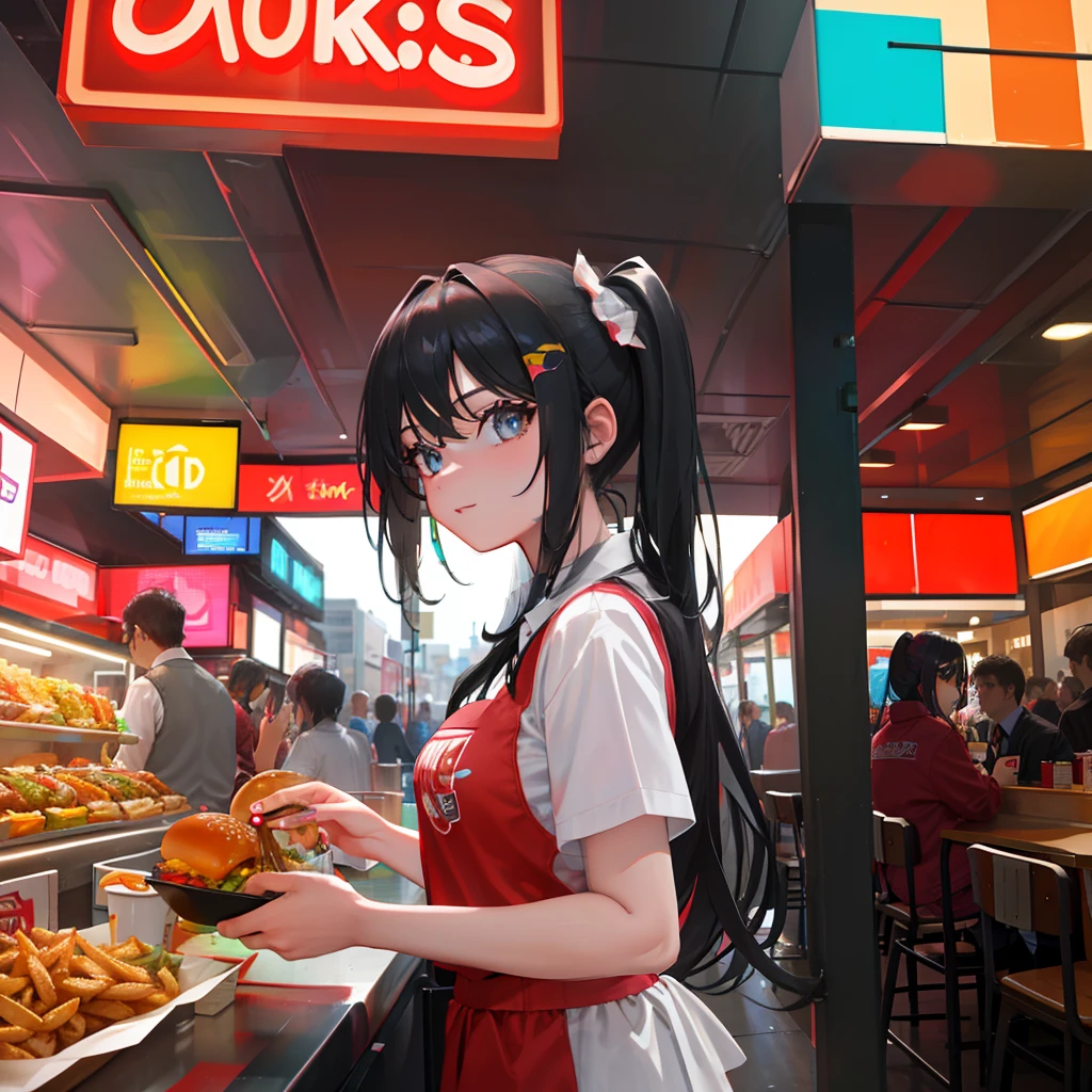 A vivid depiction of a bustling fast food restaurant, with juicy hamburgers sizzling on the grill and crispy KFC chicken being served by a friendly waitress. Bring out the colorful details and lively atmosphere that immerses the viewer in the scene. masterpiece, 4k wallpaper, (finely detailed beautiful eyes: 1.2),, (detailed background), (extremely detailed CG unity 8k wallpaper, masterpiece, ultra-detailed, best shadow), (detailed background), (beautiful detailed face, beautiful detailed eyes)(beautiful detailed face, beautiful detailed eyes), High contrast,