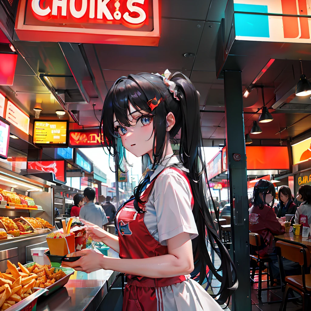 A vivid depiction of a bustling fast food restaurant, with juicy hamburgers sizzling on the grill and crispy KFC chicken being served by a friendly waitress. Bring out the colorful details and lively atmosphere that immerses the viewer in the scene. masterpiece, 4k wallpaper, (finely detailed beautiful eyes: 1.2),, (detailed background), (extremely detailed CG unity 8k wallpaper, masterpiece, ultra-detailed, best shadow), (detailed background), (beautiful detailed face, beautiful detailed eyes)(beautiful detailed face, beautiful detailed eyes), High contrast,