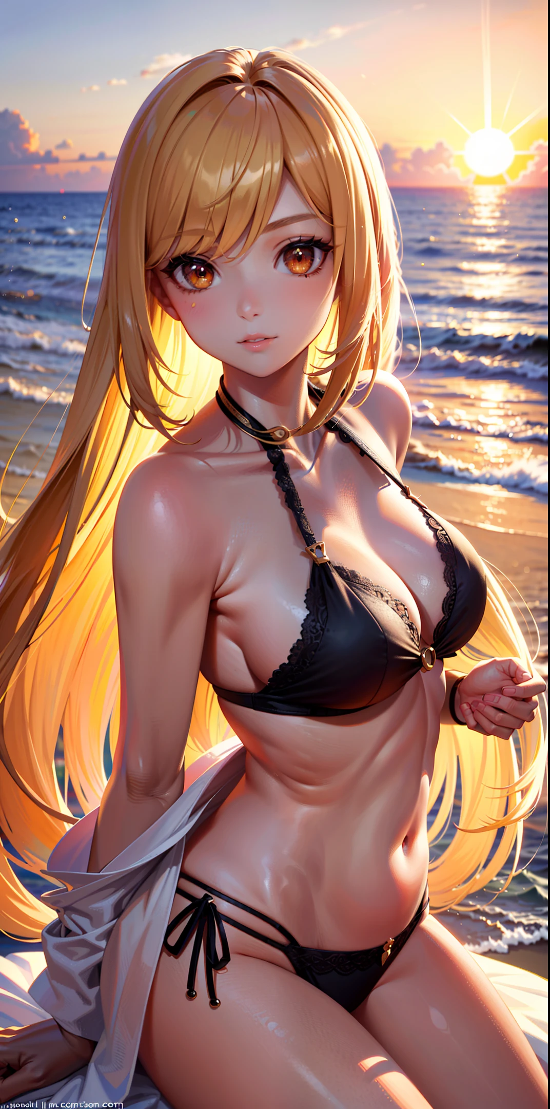 2girl in beach, face-to-face hug in light of sunset, bikini suit, sunset , setting sun, glow of the setting sun, Asian face, long hair,(masterpiece:1.6, best quality), (finely detailed beautiful eyes: 1.2),, (detailed background), (extremely detailed CG unity 8k wallpaper, masterpiece, ultra-detailed, best shadow), (detailed background), (beautiful detailed face, beautiful detailed eyes)(beautiful detailed face, beautiful detailed eyes), High contrast,