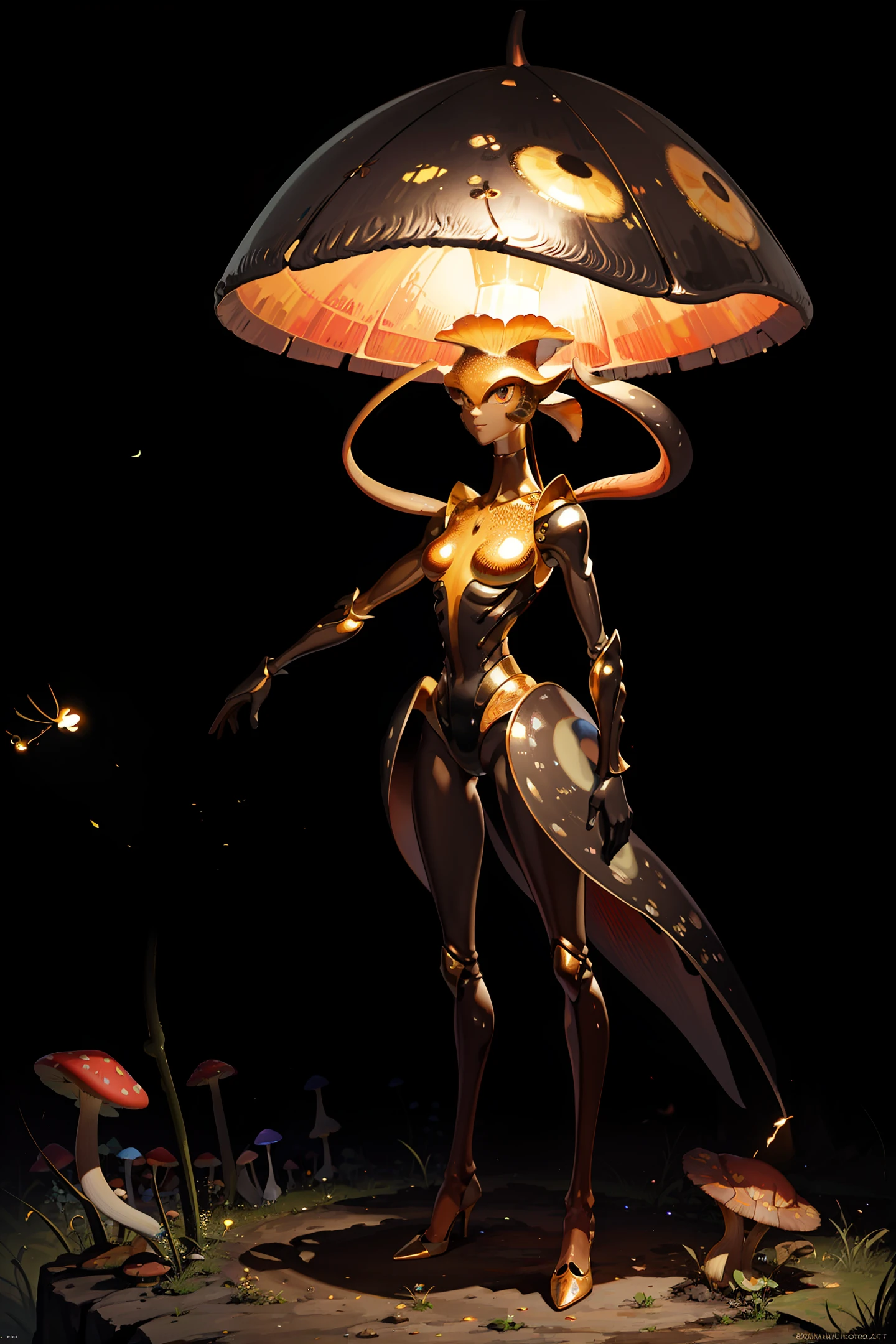 masterpiece, ((ultradetailed)), (( anthropomorphism)), fantasy theme, mushroom man with arms and legs, mushroom, spores, (underground cave), highest quality, man, colorful, best quality, super detail, HD rendering, colorful, fireflies, rich colors hyper realistic lifelike texture dramatic lighting