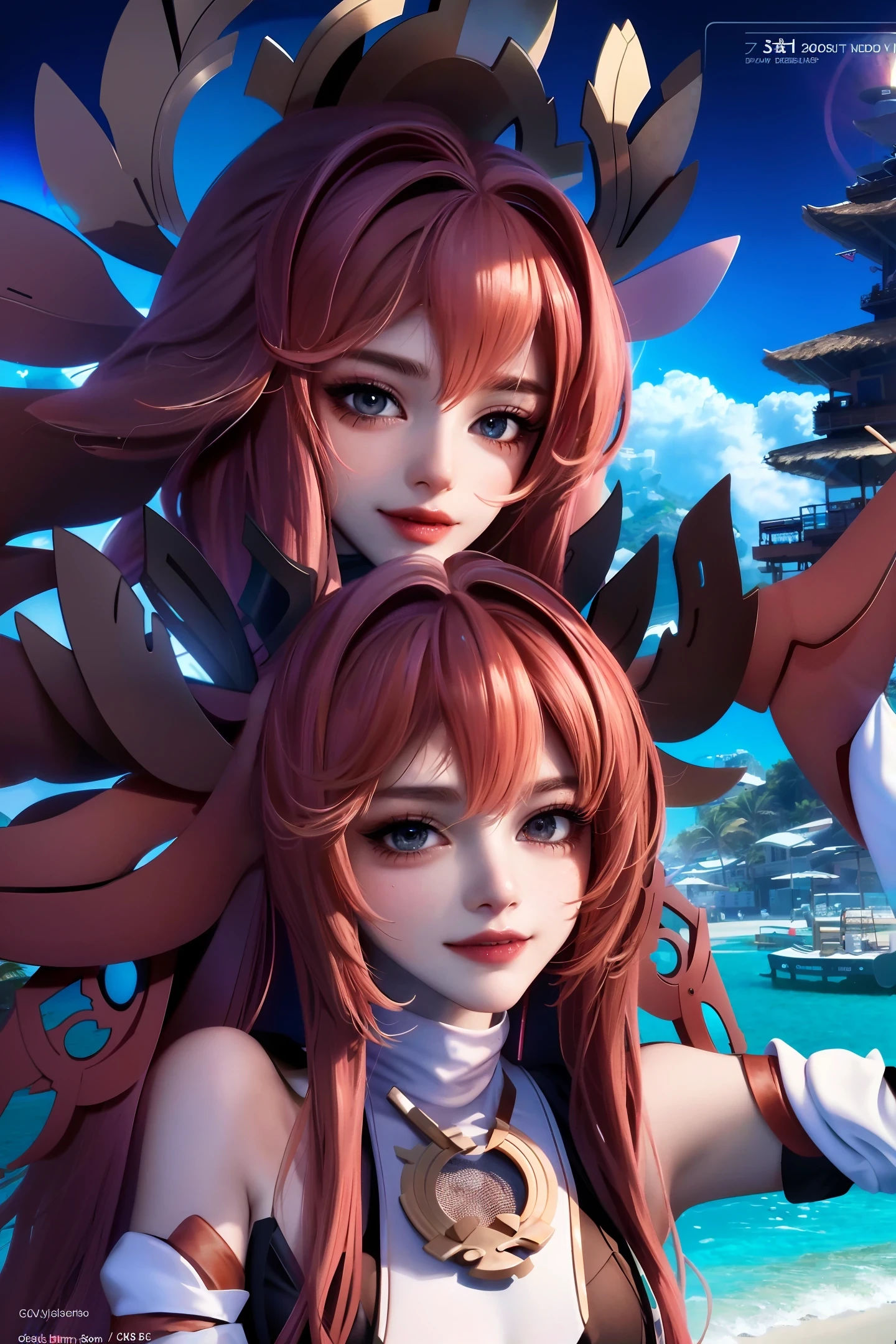 detailed eyes, mascara, best quality, masterpiece, 1girl, chestnut hair, intricate swimsuit, cyberpunk, waist up, detailed face, beautiful eyes, smiling, beach, vibrant, sharp focus,