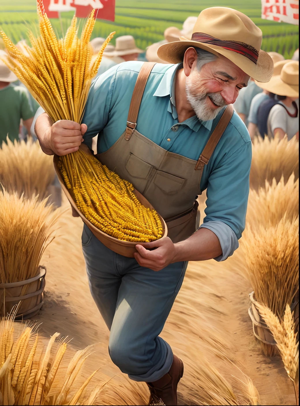(one poster), may day, best quality, super detailed, illustration, farmer, uncle, happy expression, middle age, celebration, crowd, audience, cheering, relaxing, holding wheat, corn, wide angle shot, looking down Shot, distance, (away from the camera), full body, rice field,