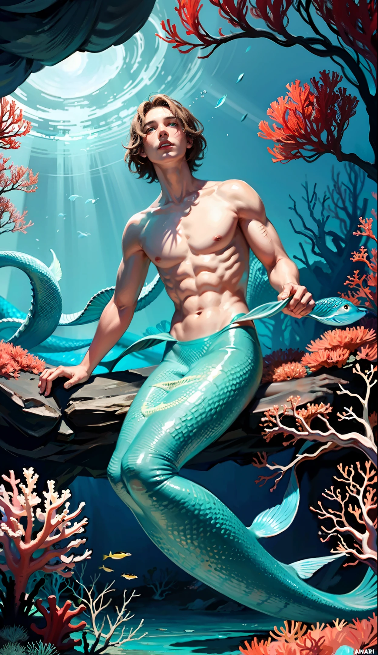 1man, underwater, Beneath the sea, where tendrils of coral and vines abound, a (mermaid) young man with messy short brown hair stares at you from amidst a pile of coral. His green eyes gleam with an eerie light.
