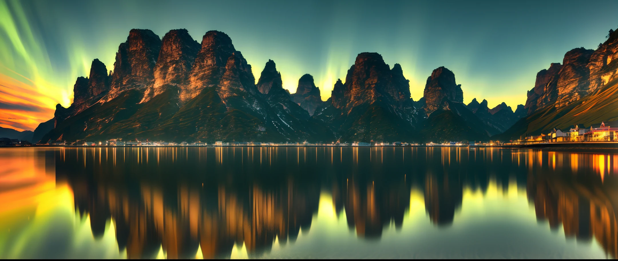 masterpiece, best quality, very detail shadow, extremely detailed, landscape with texture, best texture, award winning photography, HDR, Chromatic Aberration, Realistic style, Photorealistic, cinematograph, 8k, Wallpaper, (extremely realistic), Intricate, China National Geographic, True illumination, ((700MM telephoto vista extreme long shot lens)), (Delayed photography), (aurora), [Northern Europe Port town], Turn off long exposure noise reduction