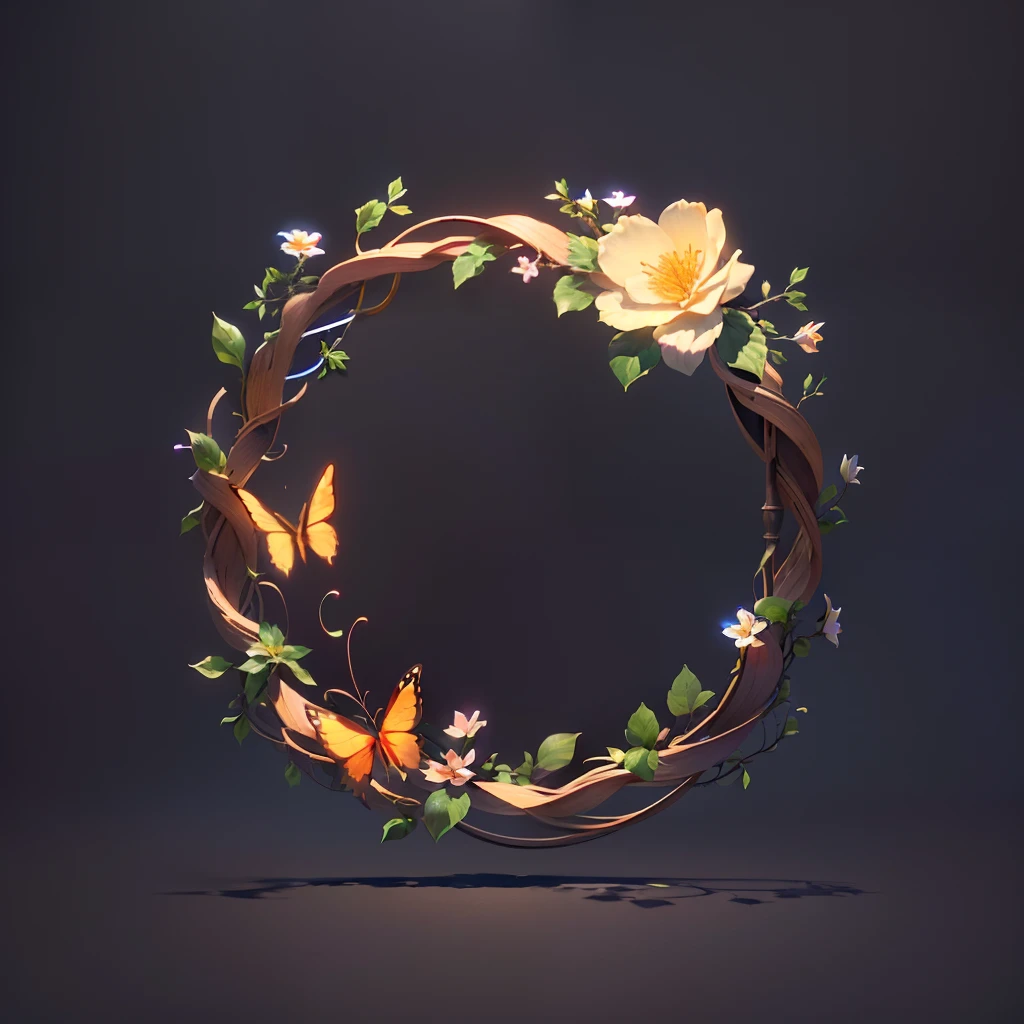 masterpiece, best quality, (extremely detailed CG unity 8k wallpaper), (best quality), (best illustration), (best shadow), UI interface frame design, (simple background:1.5), (circular shape), leaves, branches, (vines), flowers, small butterfly, particle effect, delicate, octane render, ray tracing, ultra detailed