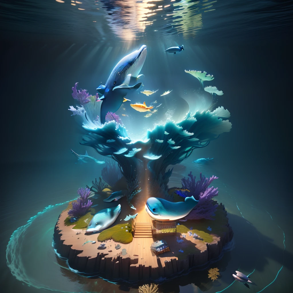 masterpiece, best quality, (extremely detailed CG unity 8k wallpaper), (best quality), (best illustration), (best shadow), isometric 3D, octane render,ray tracing,ultra detailed, Swimming gracefully through (the seaweed), (a majestic whale) navigates the depths.