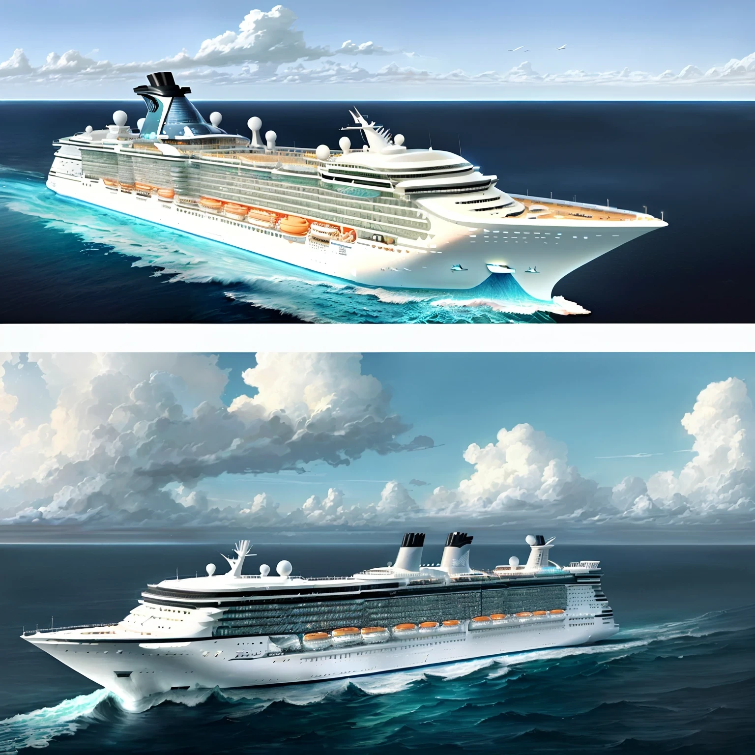 An advanced cruise ship, a modern cruise ship，liner, ocean liner, Ocean, thick clouds, distant cities，Industrial drawing