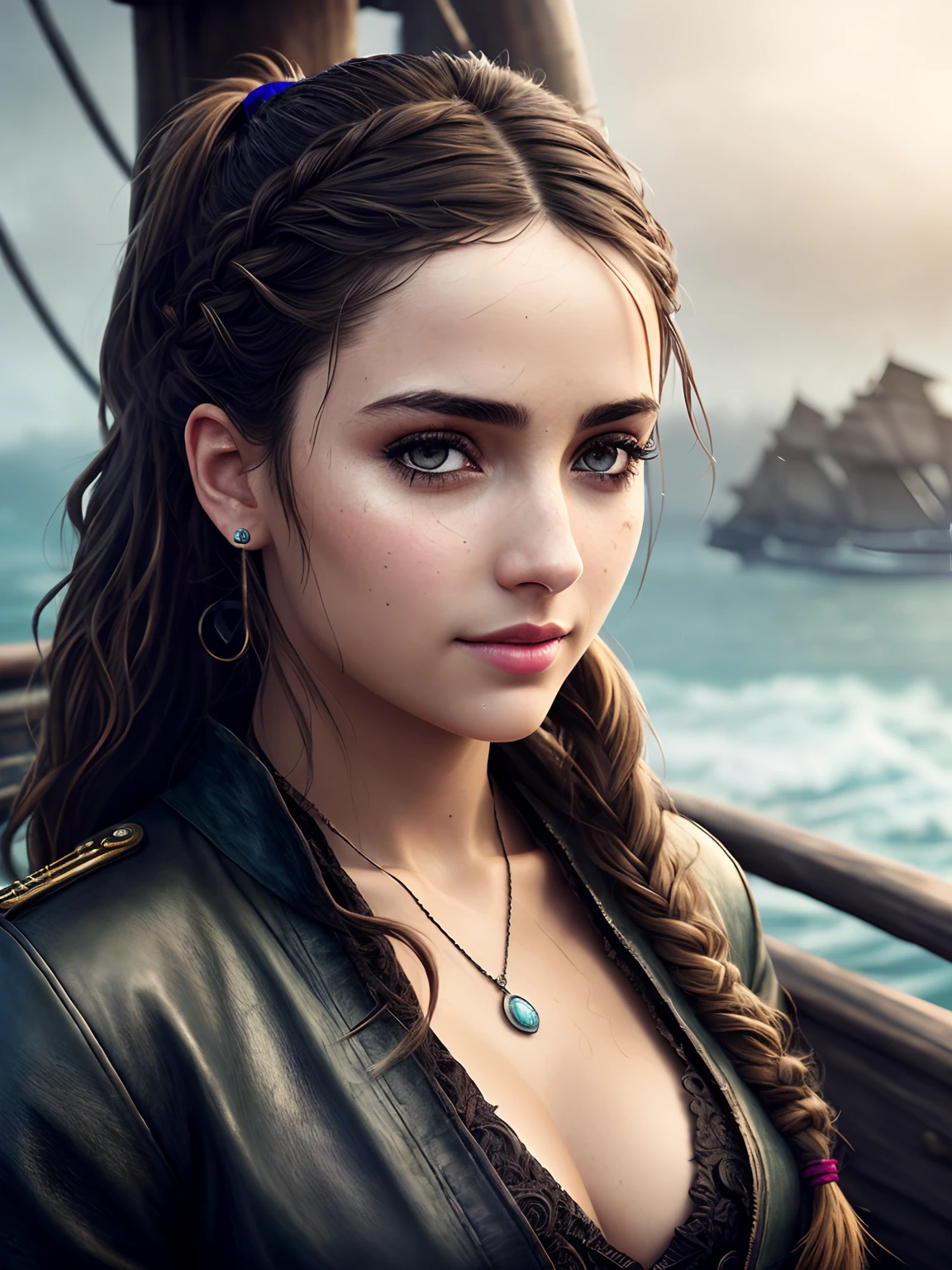 a portrait photo Ana de Armas, natural skin texture, 24mm, 4k textures, dirty skin, soft cinematic light, adobe lightroom, photolab, smiling, bandana, detailed rain, detailed braided pirate pigtails, detailed water drops, wet skin, freezing, masterpiece, (beautiful detailed eyes:1.1), best quality, illustration, (detailed lighting:1.2), (beautiful detailed glow:1.3), leather clothing, deep cleavage, intricate, digital painting, smooth, sharp focus, end of the world, epic realistic, (hdr:1.4), (muted colors:1.4), pirates, neutral colors, night, screen space refractions, (intricate details, hyperdetailed:1.3), cinematic shot, vignette, sea ship deck background, pirate ships battle background, dim colors