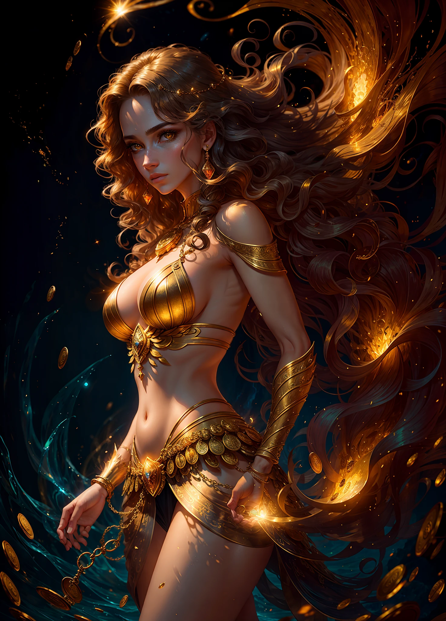 full shot body phot, illustration, cinematic light, fantasy, highest quality, ultra detailed,  best quality, masterpiece, (detailed face), tall and sexy mature woman , dress made of gold coins chained together, glowing flowing sand, floating ember crystals, golden hair jewelry, metal reflecting sun light, (focus on body:1.25), clear blue sky, desert and ocean in background, long curly hair, golden eyes, emitting magic energy, dark, light reflection