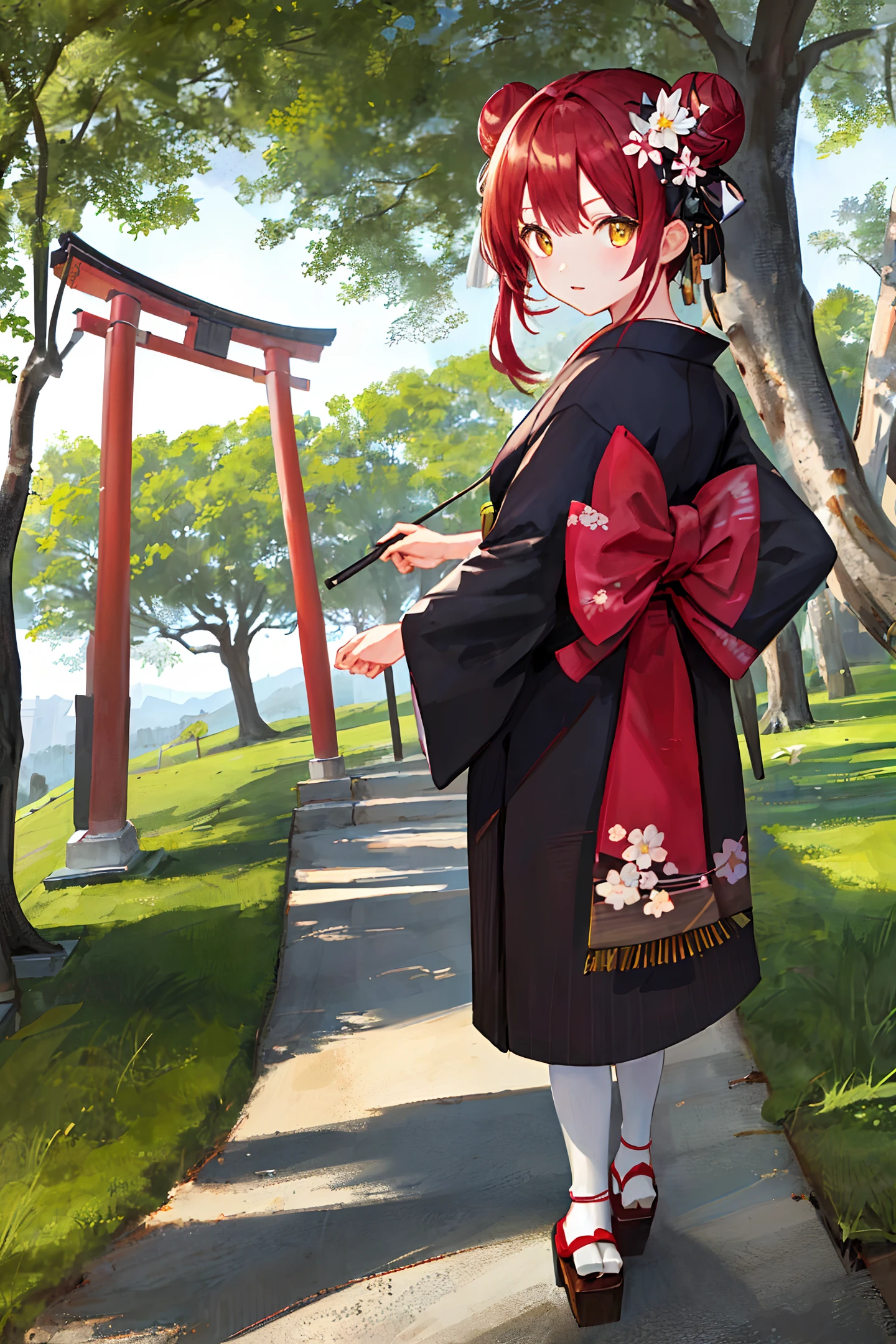 ((masterpiece,best quality)),2girls, black kimono, black legwear, black ribbon, black hair, cherry blossoms, day, flower, hair bun, hair ribbon, japanese clothes, kimono, long hair, looking at viewer, looking back, multiple girls, obi, outdoors, red eyes, red hair, ribbon, sandals, single hair bun, stairs, standing, statue, torii, tree, white kimono, yellow eyes