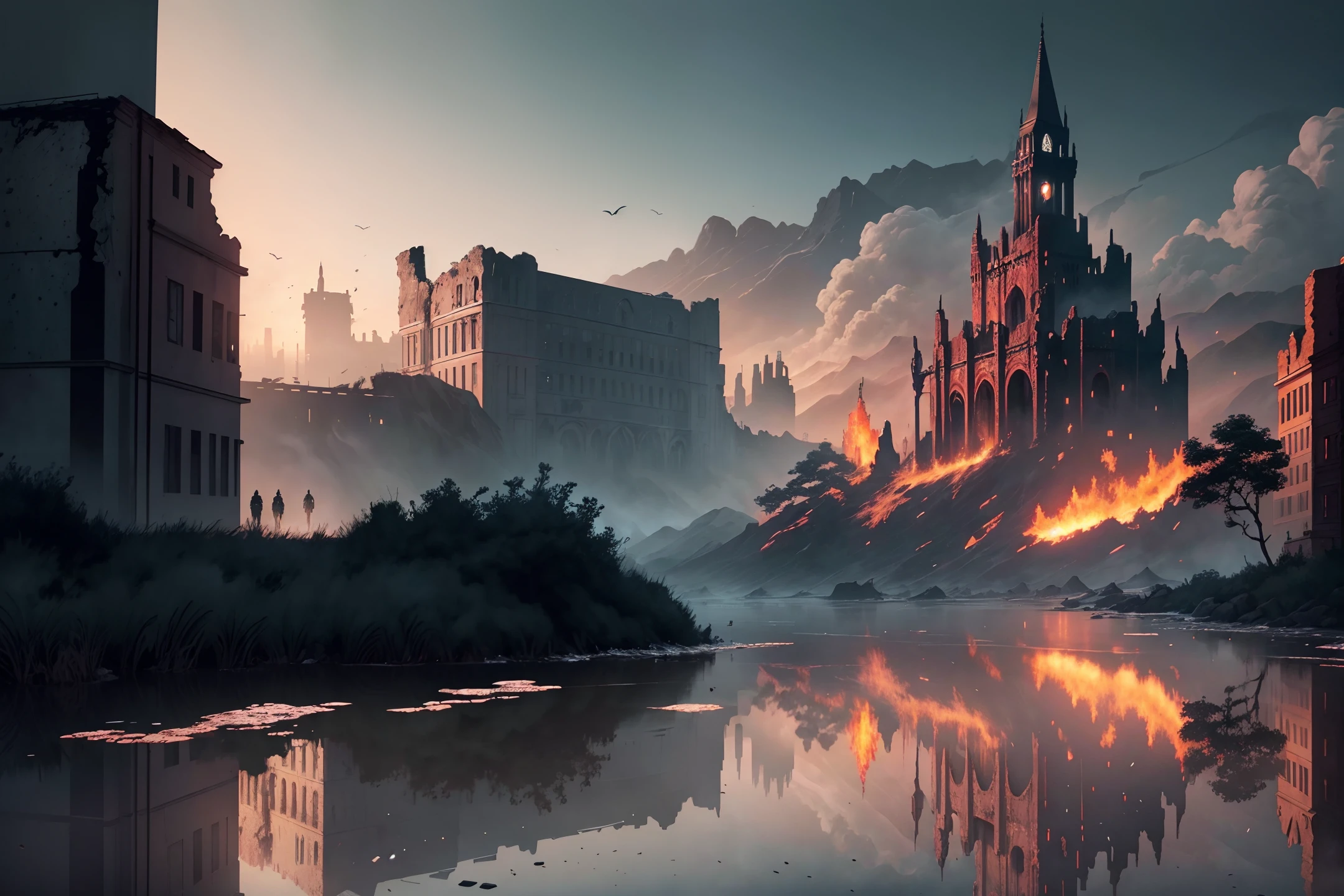 (extremely detailed CG unity 8k wallpaper), (masterpiece), (best quality:1.2), (highres), (illustration:1.1), (cinematic light:1.1), finely detailed, intricate details, (best illustration), 8k resolution, intricate details, best quality, realistic, ultra-detailed, best illumination, best shadow, ultra-HD, cryengine, ultra hd, (detailed reflection), detailed shadows, (((intricate details))), smooth, ((perfect shading)), high quality metal texture, metallic luster, highly detailed illustration, (semi realistic:1.6), (wide_shot:1.2), a Retro city , fire explosion in distance, smoke rising over Castle after nuclear explosion at , wet road, puddle, (((ghost recon inspired))), street view, dynamic camera angle, (warzone), (((high quality detailed ruins))), (depth of field), ((cinematic lighting)), ((horror)), ((dark fantasy)), lovecraftian, spot color, monotone, red, splashing blood, (best illumination), (hyper intricate details), ((ultra-detailed)), 4k unity, (extremely detailed CG:1.2), (8k:1.1), ((landscape view)), Artstation, ((by sui ishida, by Wenjun Lin, by stefan morrell)), dystopian art, apocalypse art, ((semi-realistic)), (realism), (dynamic), (nixeu_basic2:0.5),