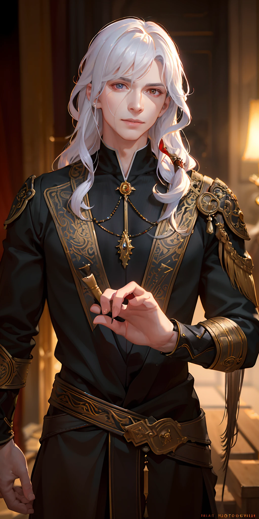 (photorealistic:1.4),(masterpiece),(best quality),(cinematic lighting), luxurious, 8k, detailed, ray tracing, depth of field, cinematic lighting, blood,1 adult male,man,thin,muscle,pointed ear,pale skin,long curly white hair,red eyes,smile,two daggers
