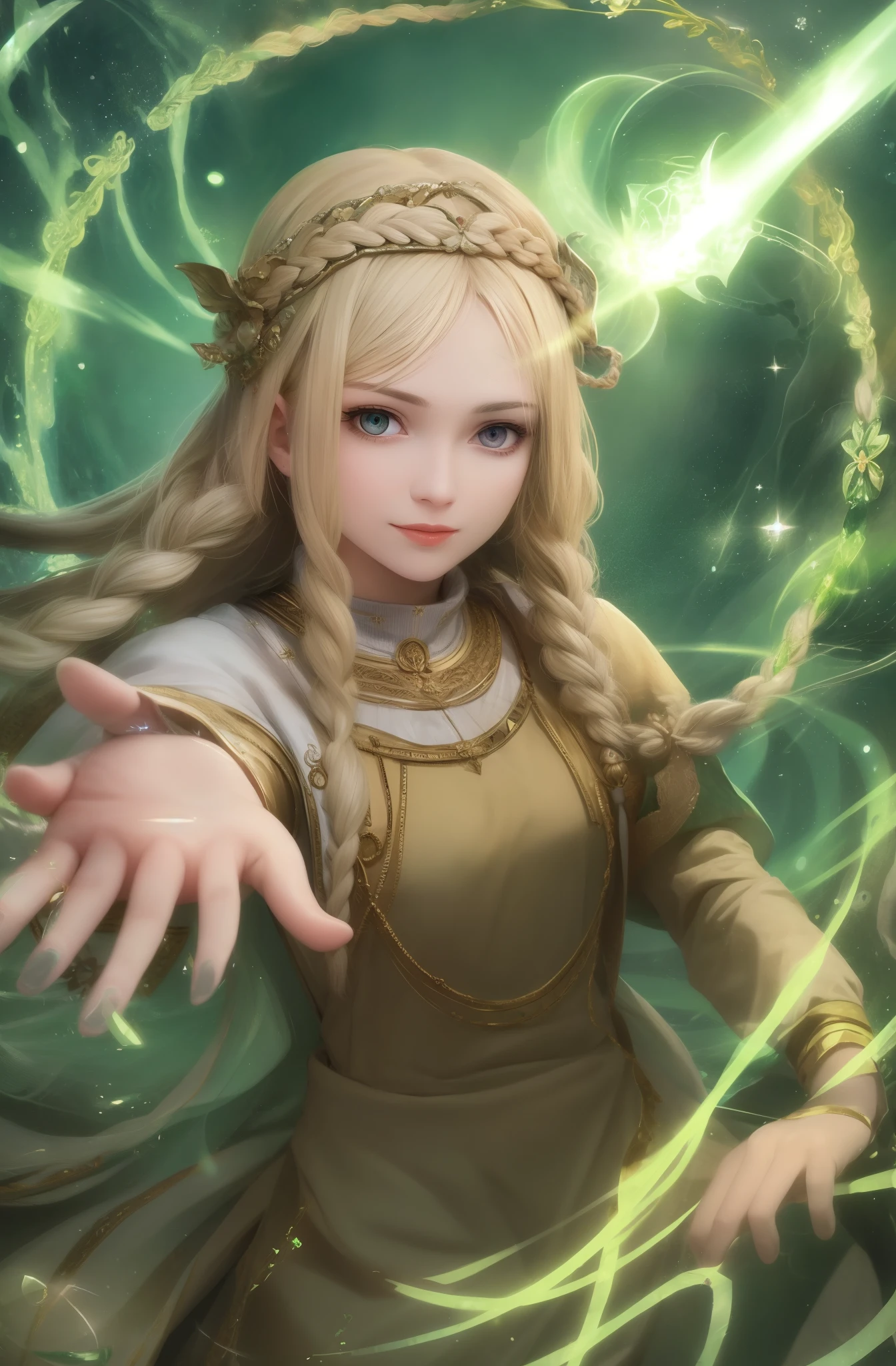 best quality, masterpiece, upper body,
(adult:1.6) ukrainian woman, (smirk:0.4), 
braided blonde hair,
emerald eyes,
medieval sundress,
 floating light particles, centered, 