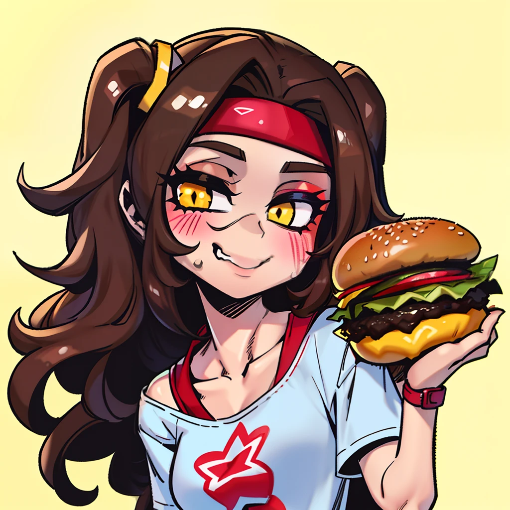 "The girl eating a burger from KFC has a head of soft and curly brown hair, wearing a bright headband that adds to her lively and cute appearance. Her face is round and adorable, with fair skin and a slight rosy tint that gives off a healthy glow. She is dressed in a loose printed T-shirt and denim shorts, comfortable and carefree. Holding the burger from KFC in her hand, she gently opens her small mouth, revealing her neat and white teeth, savoring every delicious bite with a satisfied expression written all over her face."