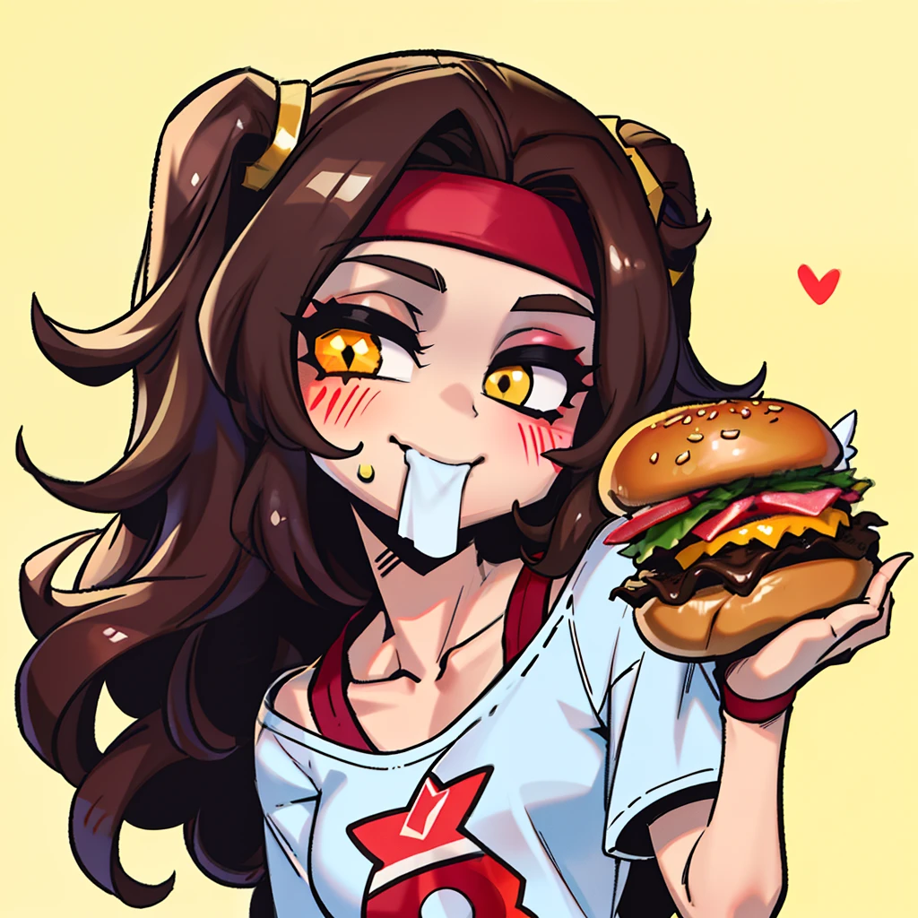 "The girl eating a burger from KFC has a head of soft and curly brown hair, wearing a bright headband that adds to her lively and cute appearance. Her face is round and adorable, with fair skin and a slight rosy tint that gives off a healthy glow. She is dressed in a loose printed T-shirt and denim shorts, comfortable and carefree. Holding the burger from KFC in her hand, she gently opens her small mouth, revealing her neat and white teeth, savoring every delicious bite with a satisfied expression written all over her face."