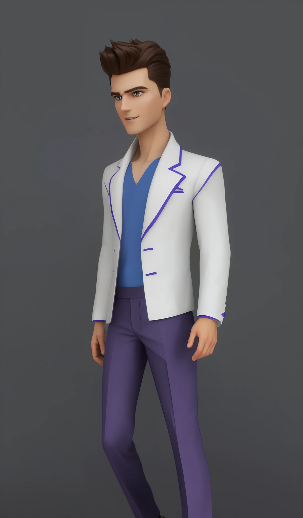 Handsome young man, pose, masterpiece, Medium build, dark hair and split hair. Wearing a white suit, purple shirt and dark pants, (close-up: 1.1), (extreme close-up: 1.1), portrait shooting, Looking at the audience, smiling mischievously and grinning, Super realistic texture, Best quality, ultra-high resolution, realistic photos,