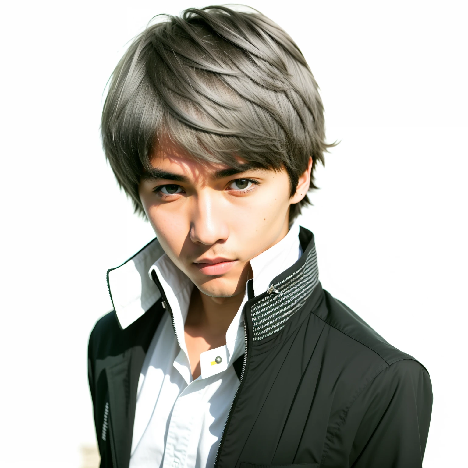 RAW photo, a close up portrait photo of brutal 45 y.o man in wastelander clothes, long haircut, pale skin, slim body, background is city ruins, (high detailed skin:1.2), 8k uhd, dslr, soft lighting, high quality, film grain, Fujifilm XT3 Japanese high school students 17-year-old high school student Persona4 Handsome boy Double eyelid No beard mature tough Young man Silver hair Grey hair,Half body,Eye on the audience,Mushroom head,Long bangs,Her hair color is silver,silver,grey,Grey hair