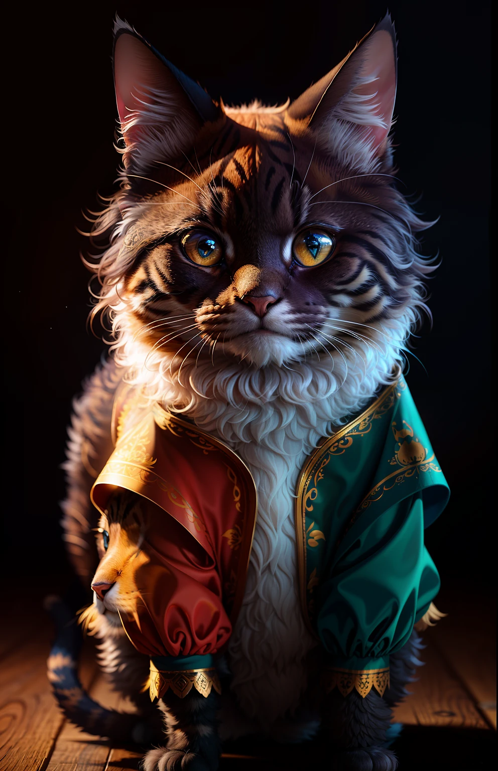 Masterpiece, best quality, (very detailed CG unity 8k wallpapers), (best quality), (best illustrations), (best shadows),((a cat in clothes)),，full shot，fluffy hair, anthropomorphic expressions, rich colors, exquisite details, masterpiece, realistic，artsation, cg, realistic, Unreal Engine , real light and shadow, beautiful rich colors, amazing details, high quality，a pair of ears