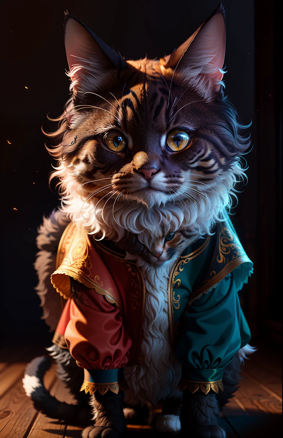 Masterpiece, best quality, (very detailed CG unity 8k wallpapers), (best quality), (best illustrations), (best shadows),((a cat in clothes)),,full shot,fluffy hair, anthropomorphic expressions, rich colors, exquisite details, masterpiece, realistic,artsation, cg, realistic, Unreal Engine , real light and shadow, beautiful rich colors, amazing details, high quality,a pair of ears