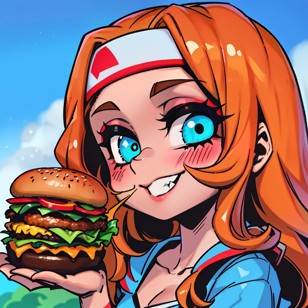 "The girl eating a burger from KFC has a head of soft and curly brown hair, wearing a bright headband that adds to her lively and cute appearance. Her face is round and adorable, with fair skin and a slight rosy tint that gives off a healthy glow. She is dressed in a loose printed T-shirt and denim shorts, comfortable and carefree. Holding the burger from KFC in her hand, she gently opens her small mouth, revealing her neat and white teeth, savoring every delicious bite with a satisfied expression written all over her face."