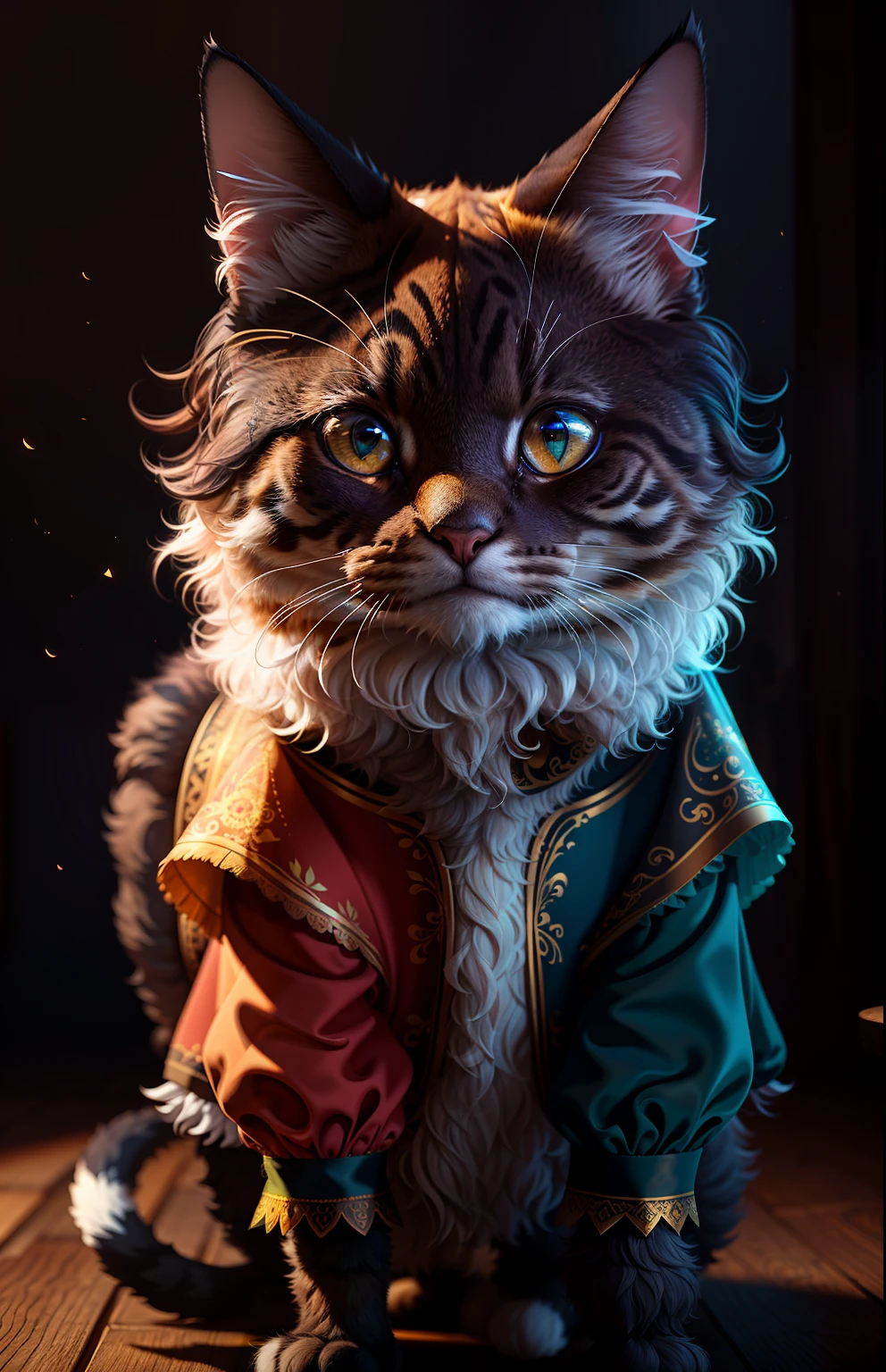 Masterpiece, best quality, (very detailed CG unity 8k wallpapers), (best quality), (best illustrations), (best shadows),((a cat in clothes)),,full shot,fluffy hair, anthropomorphic expressions, rich colors, exquisite details, masterpiece, realistic,artsation, cg, realistic, Unreal Engine , real light and shadow, beautiful rich colors, amazing details, high quality,a pair of ears