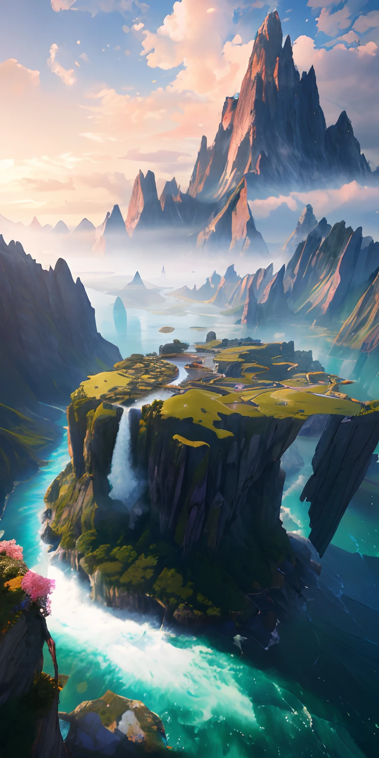 masterpiece, best quality, high quality, extremely detailed CG unity 8k wallpaper, scenery, outdoors, sky, cloud, day, no humans, mountain, landscape, water, tree, blue sky, waterfall, cliff, nature, lake, river, cloudy sky,award winning photography, Bokeh, Depth of Field, HDR, bloom, Chromatic Aberration ,Photorealistic,extremely detailed, trending on artstation, trending on CGsociety, Intricate, High Detail, dramatic, art by midjourney
