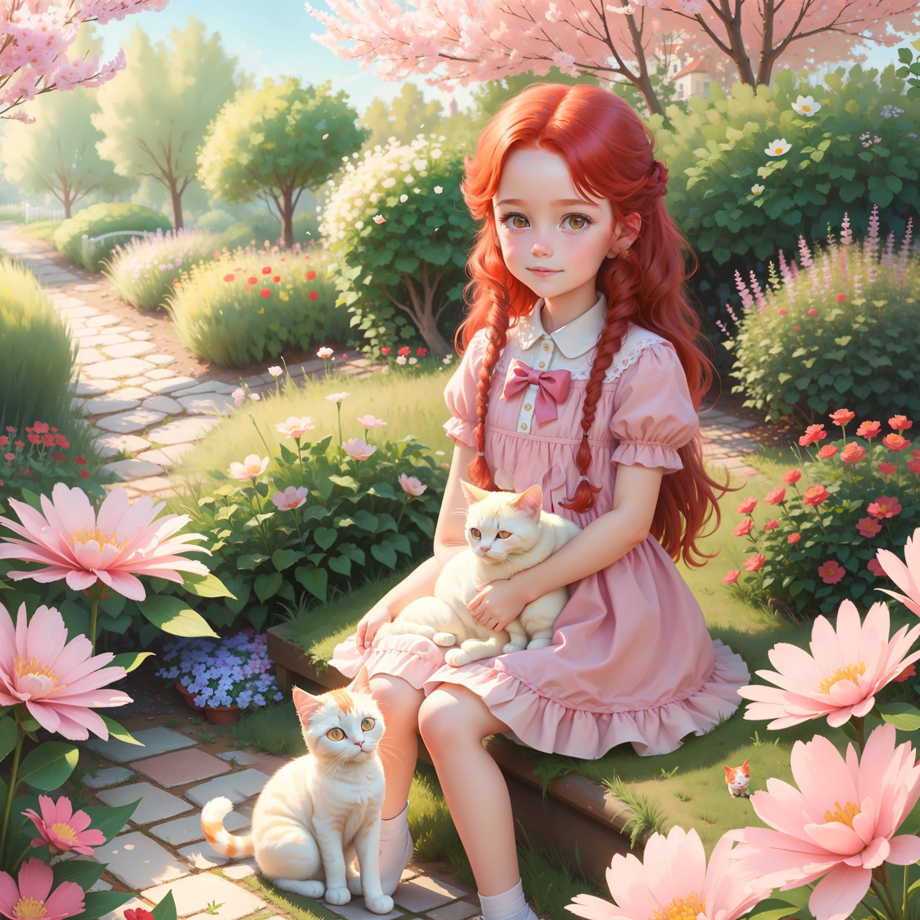 Oil painting style, adorable little girl with red hair and bow, holding a cute little white cat, in a peaceful garden surrounded by blooming flowers and soft sunlight.