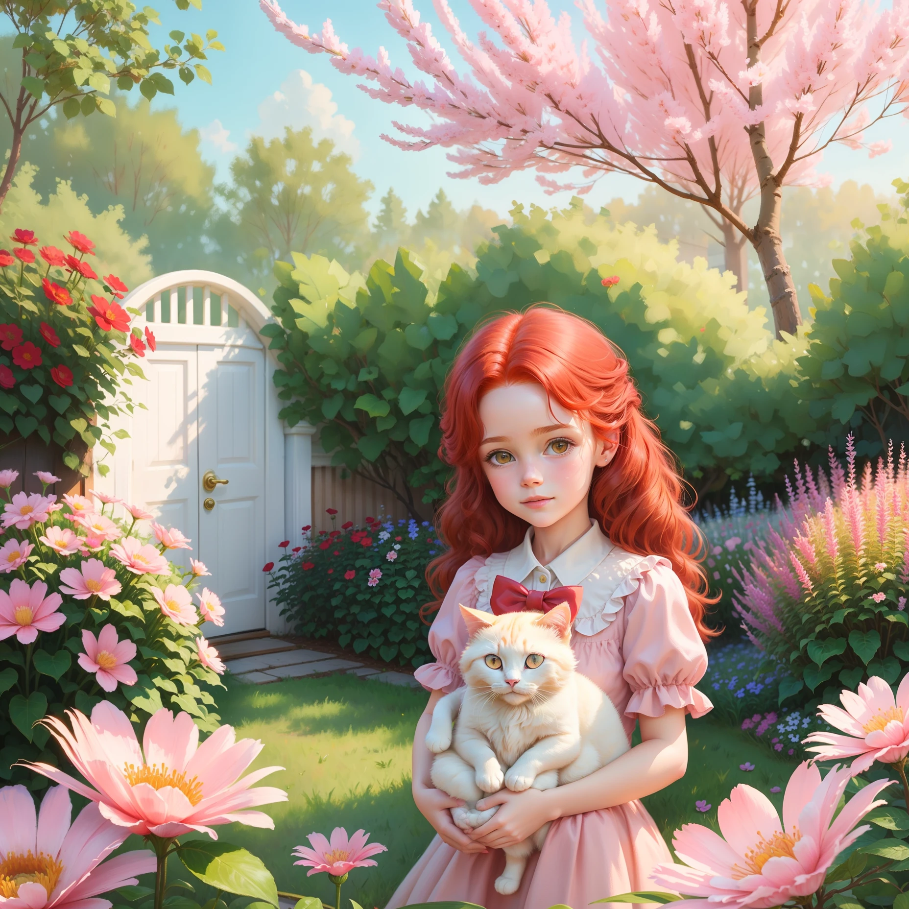 Oil painting style, adorable  girl with red hair and bow, holding a cute little white cat, in a peaceful garden surrounded by blooming flowers and soft sunlight.