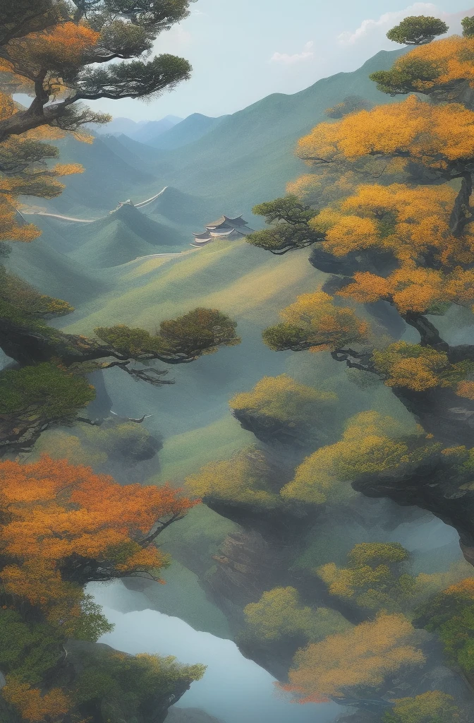 In the style of traditional Chinese ink landscape painting, a magnificent and majestic natural vista spreads before you, inviting you to explore its breathtaking beauty.