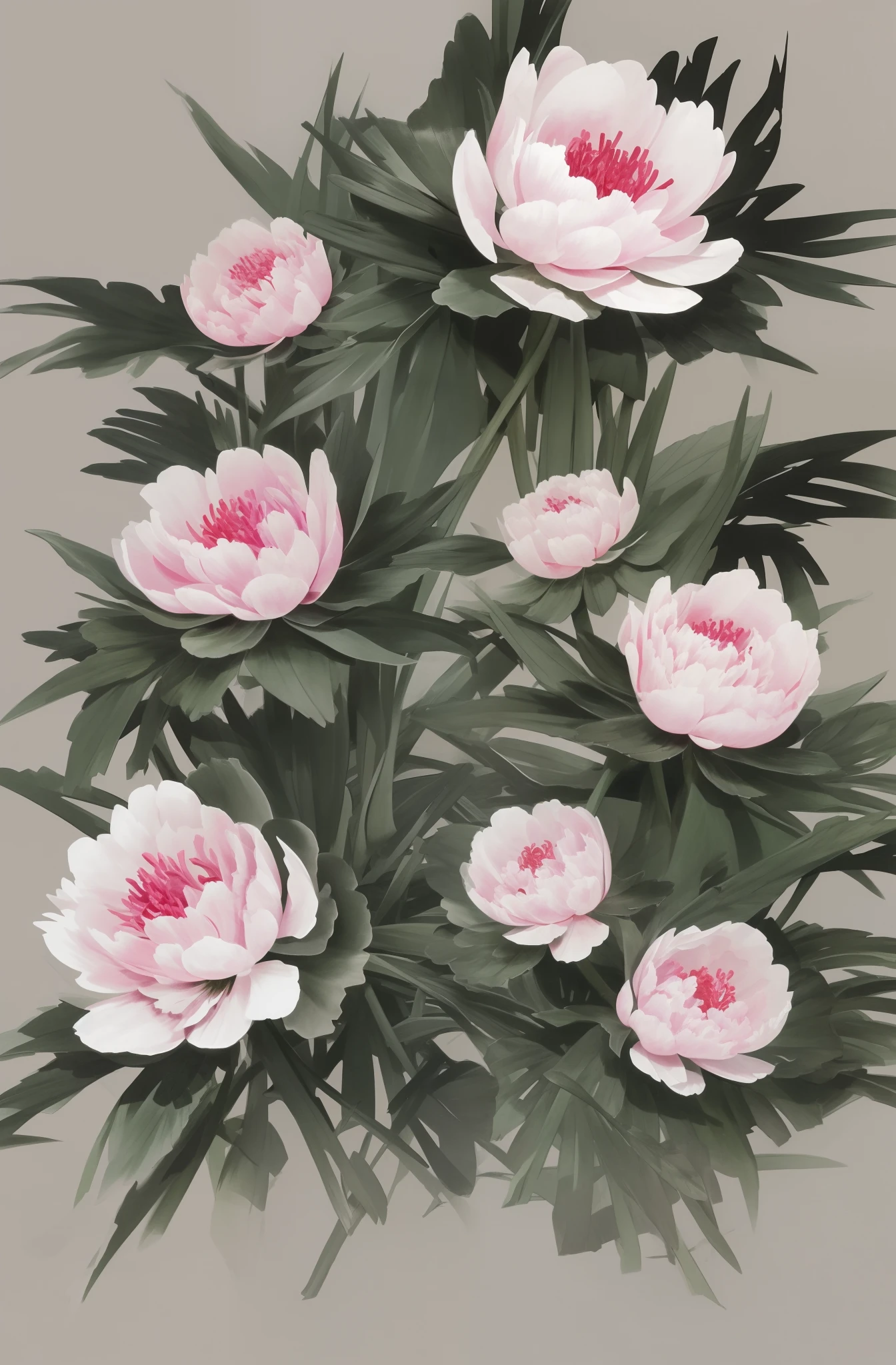 Ink painting style, blooming peony flowers