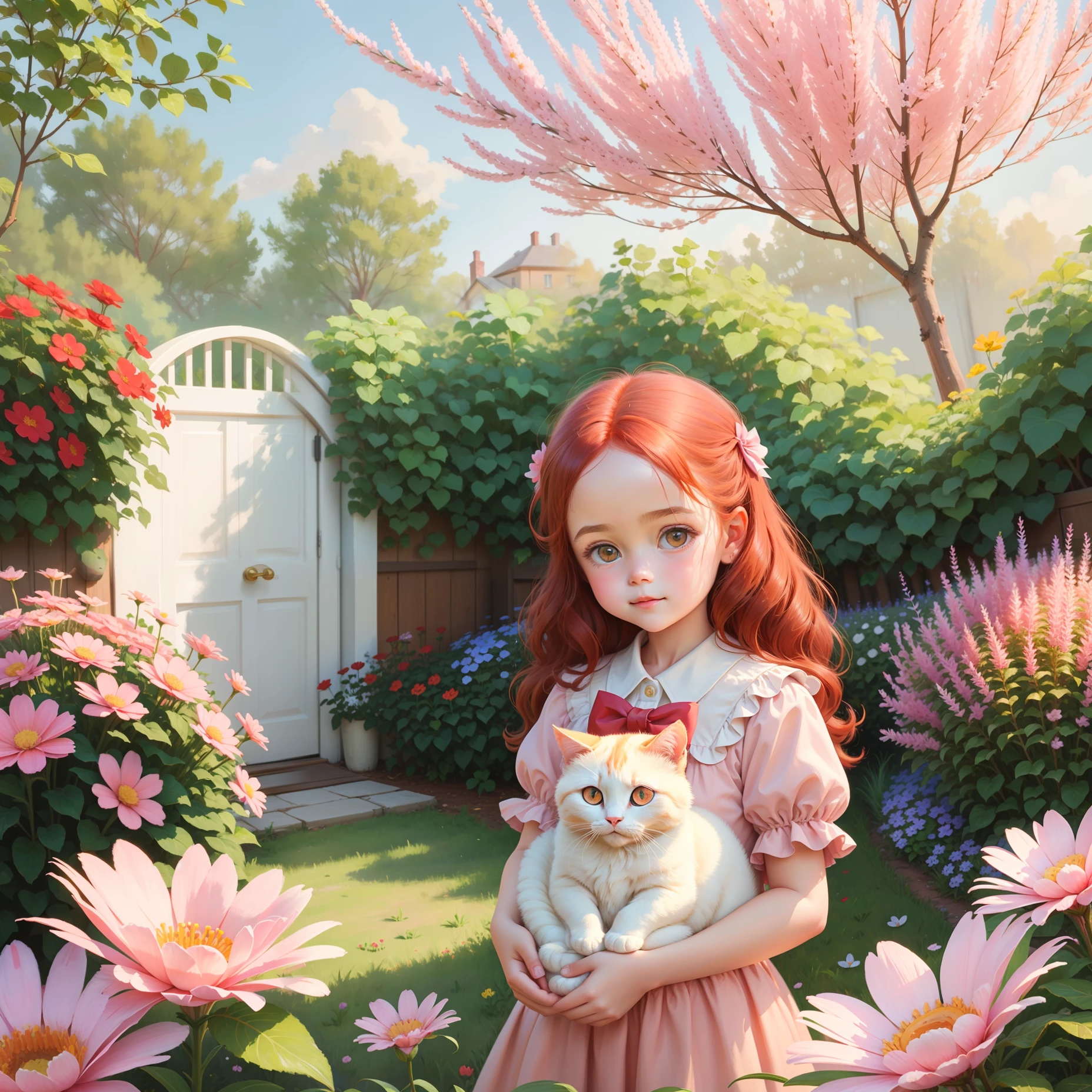 Oil painting style, cute with round face, big eyes, red hair and bow, holding a cute little white cat in a peaceful garden surrounded by blooming flowers and soft sunshine.